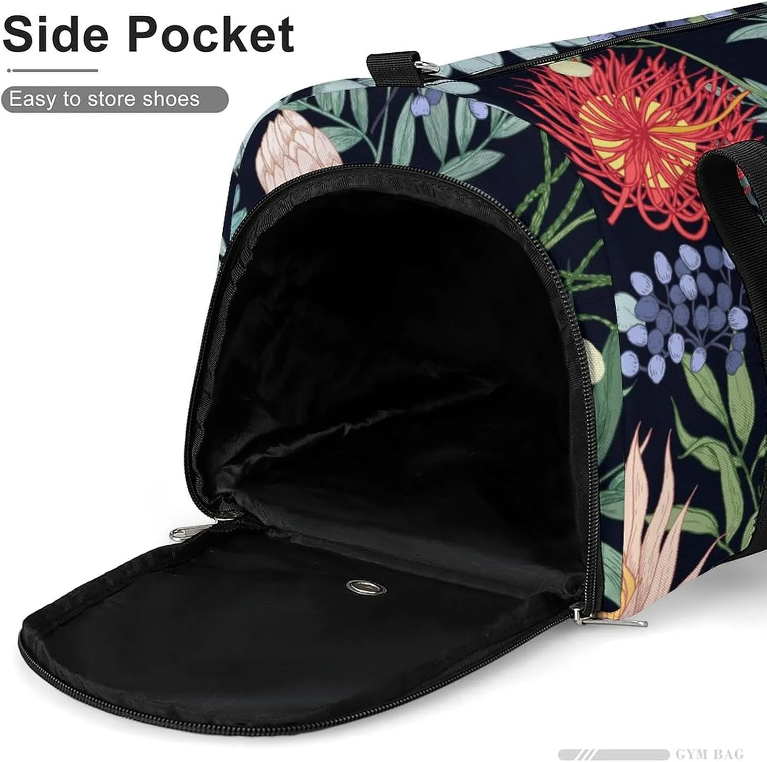 Sport Gym Duffel with Shoe Compartment Wet Pocket, Blooming-flowers-black-print Shoulder Travel Bag for Women Men
