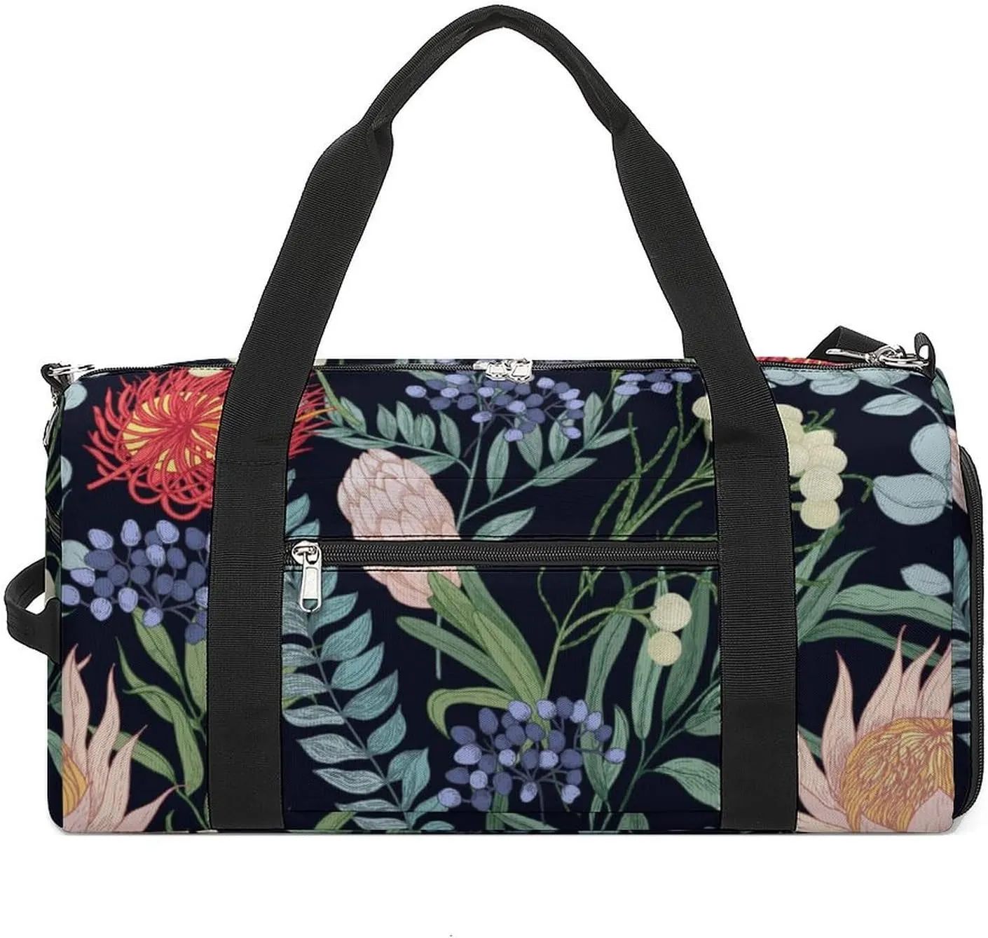 Sport Gym Duffel with Shoe Compartment Wet Pocket, Blooming-flowers-black-print Shoulder Travel Bag for Women Men