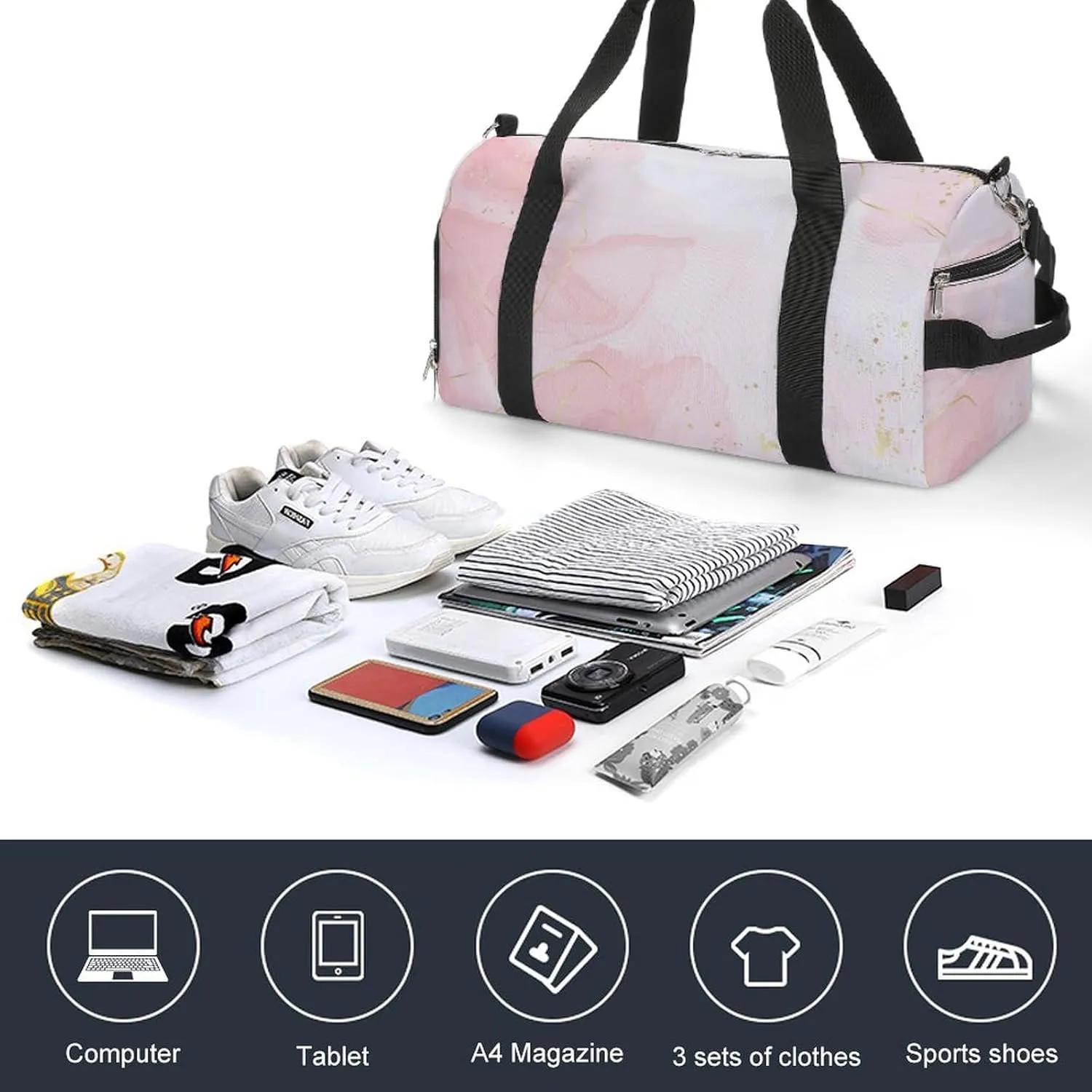 Sport Gym Duffel with Shoe Compartment Wet Pocket, Blush-watercolor-golden Shoulder Travel Bag for Women Men