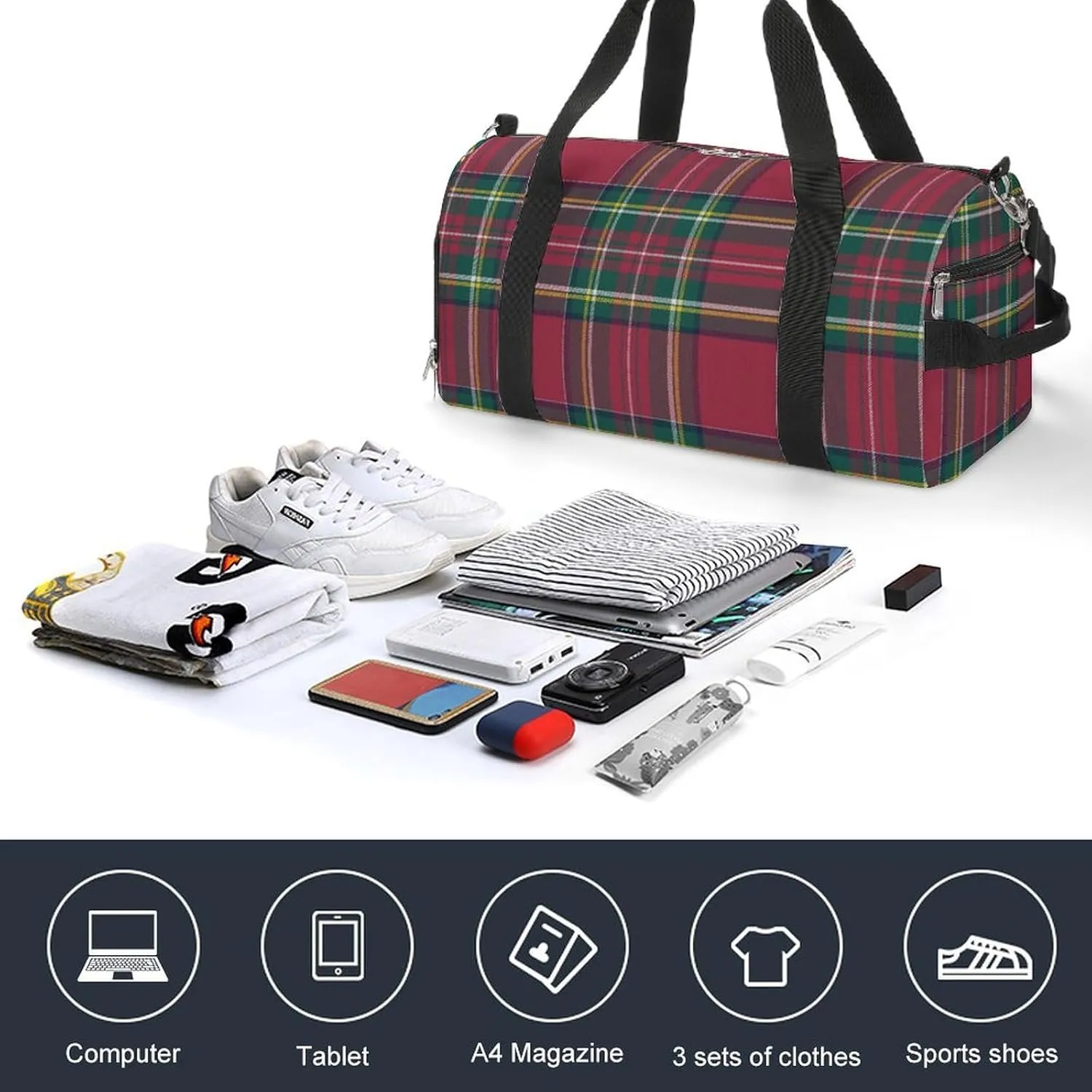 Sport Gym Duffel with Shoe Compartment Wet Pocket, Christmas-plaid-pattern Shoulder Travel Bag for Women Men, style-1