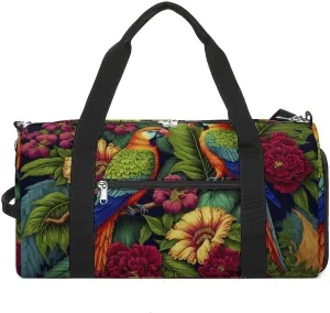 Sport Gym Duffel with Shoe Compartment Wet Pocket, Colorful-parrots-exotic-flowers Shoulder Travel Bag for Women Men, style