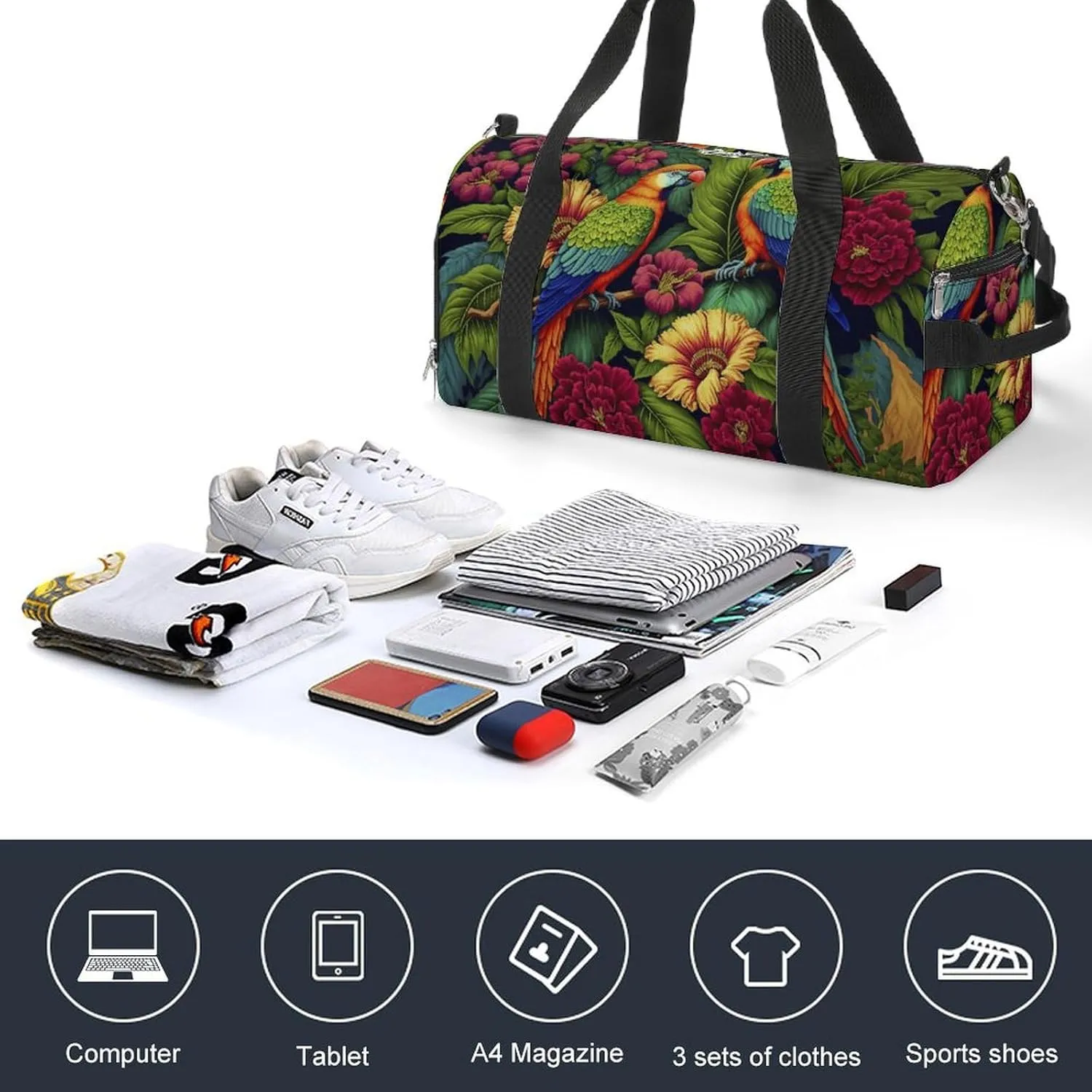 Sport Gym Duffel with Shoe Compartment Wet Pocket, Colorful-parrots-exotic-flowers Shoulder Travel Bag for Women Men, style
