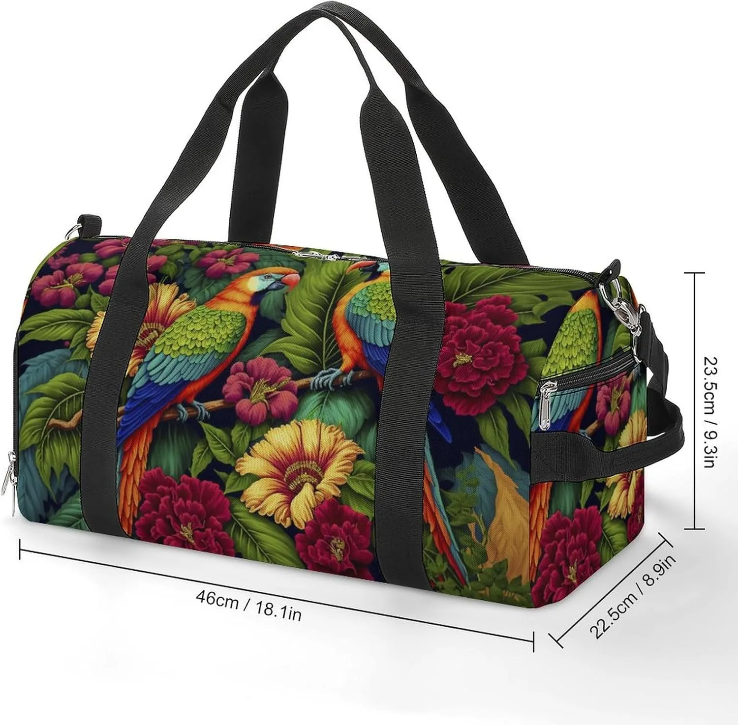 Sport Gym Duffel with Shoe Compartment Wet Pocket, Colorful-parrots-exotic-flowers Shoulder Travel Bag for Women Men, style