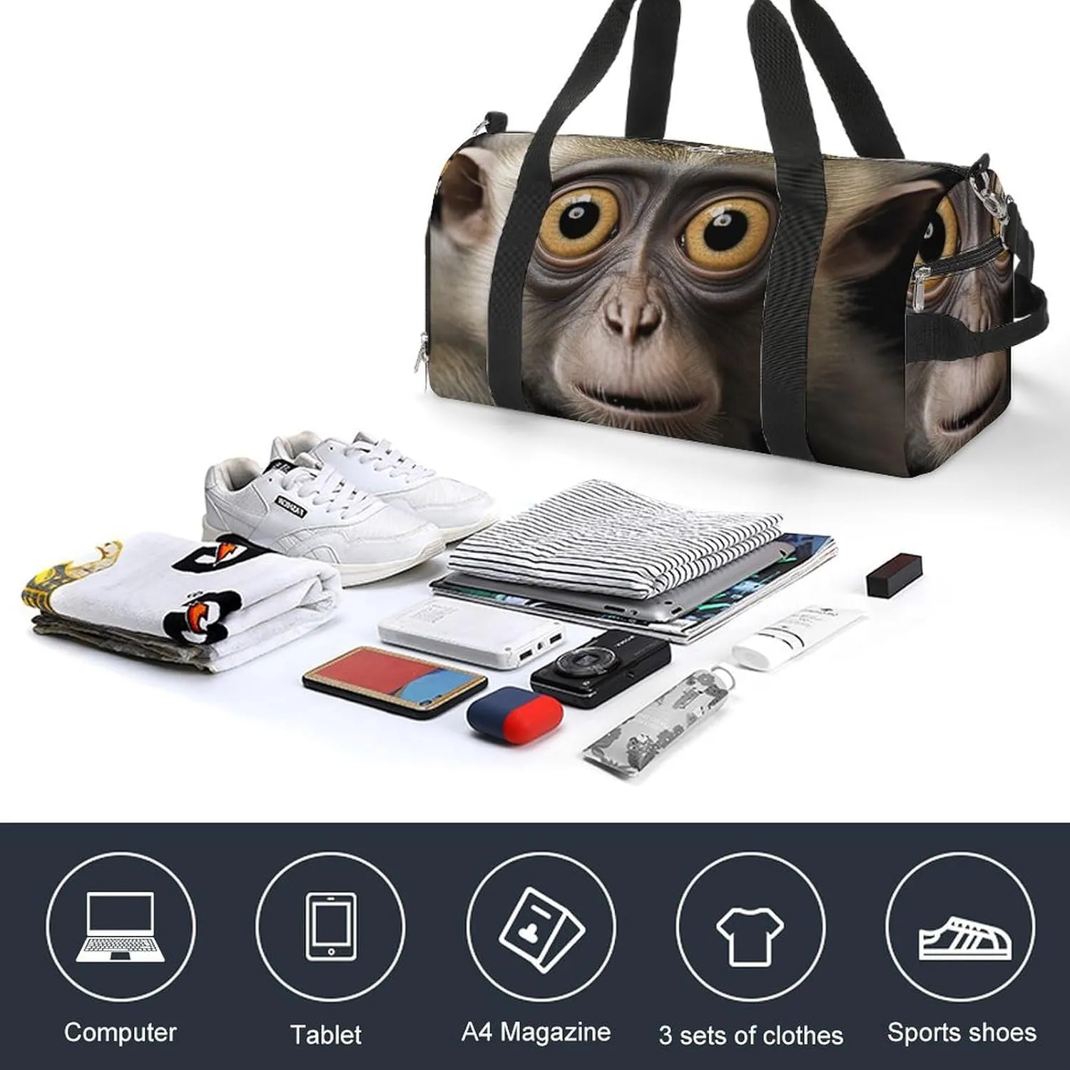 Sport Gym Duffel with Shoe Compartment Wet Pocket, Comical-monkey-eyes Shoulder Travel Bag for Women Men