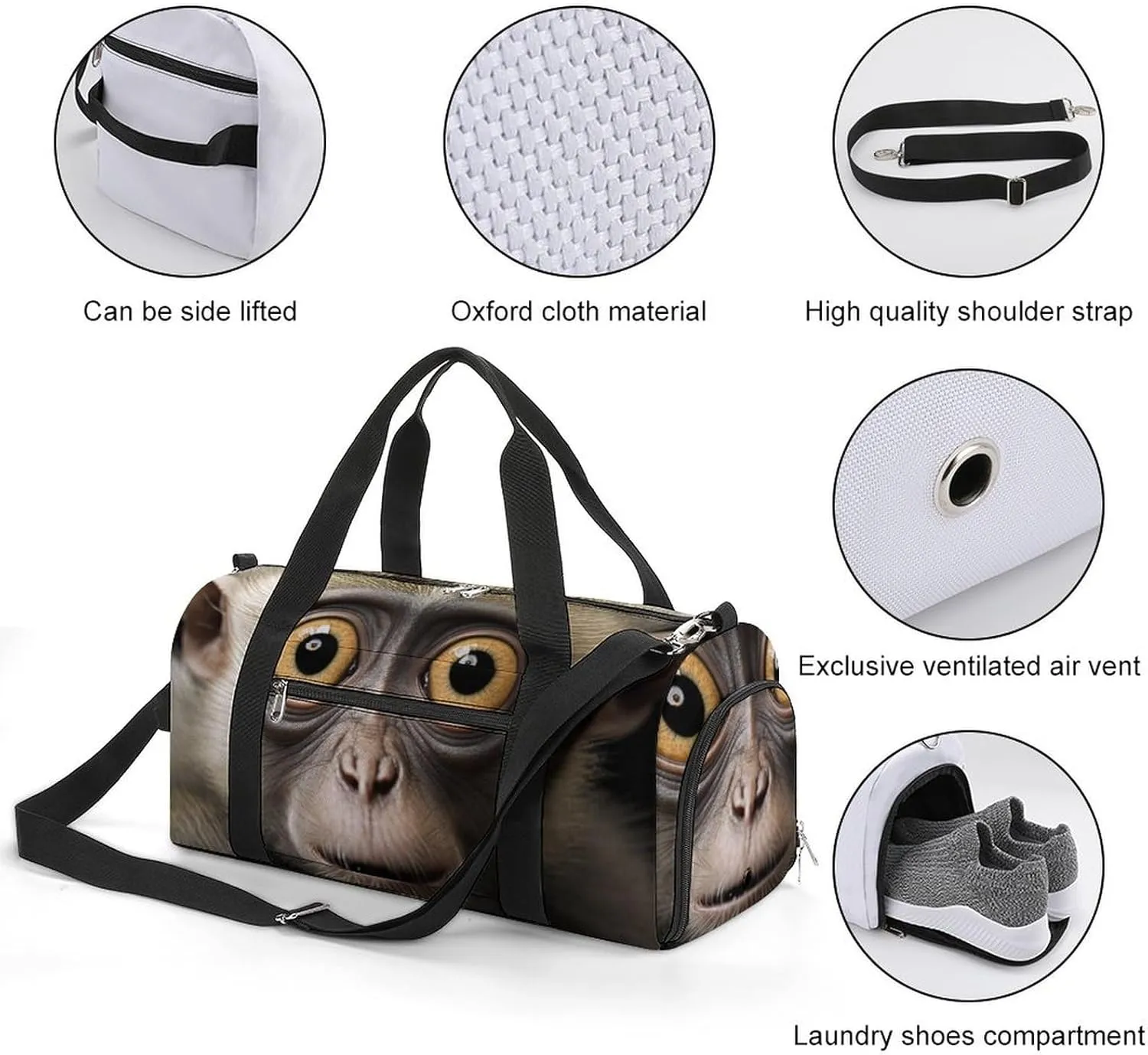 Sport Gym Duffel with Shoe Compartment Wet Pocket, Comical-monkey-eyes Shoulder Travel Bag for Women Men