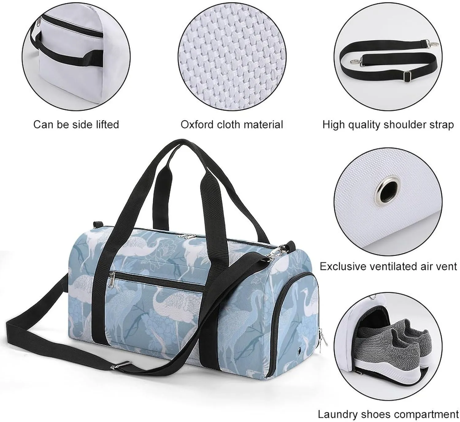 Sport Gym Duffel with Shoe Compartment Wet Pocket, Cranes-birds-print Shoulder Travel Bag for Women Men, style-2