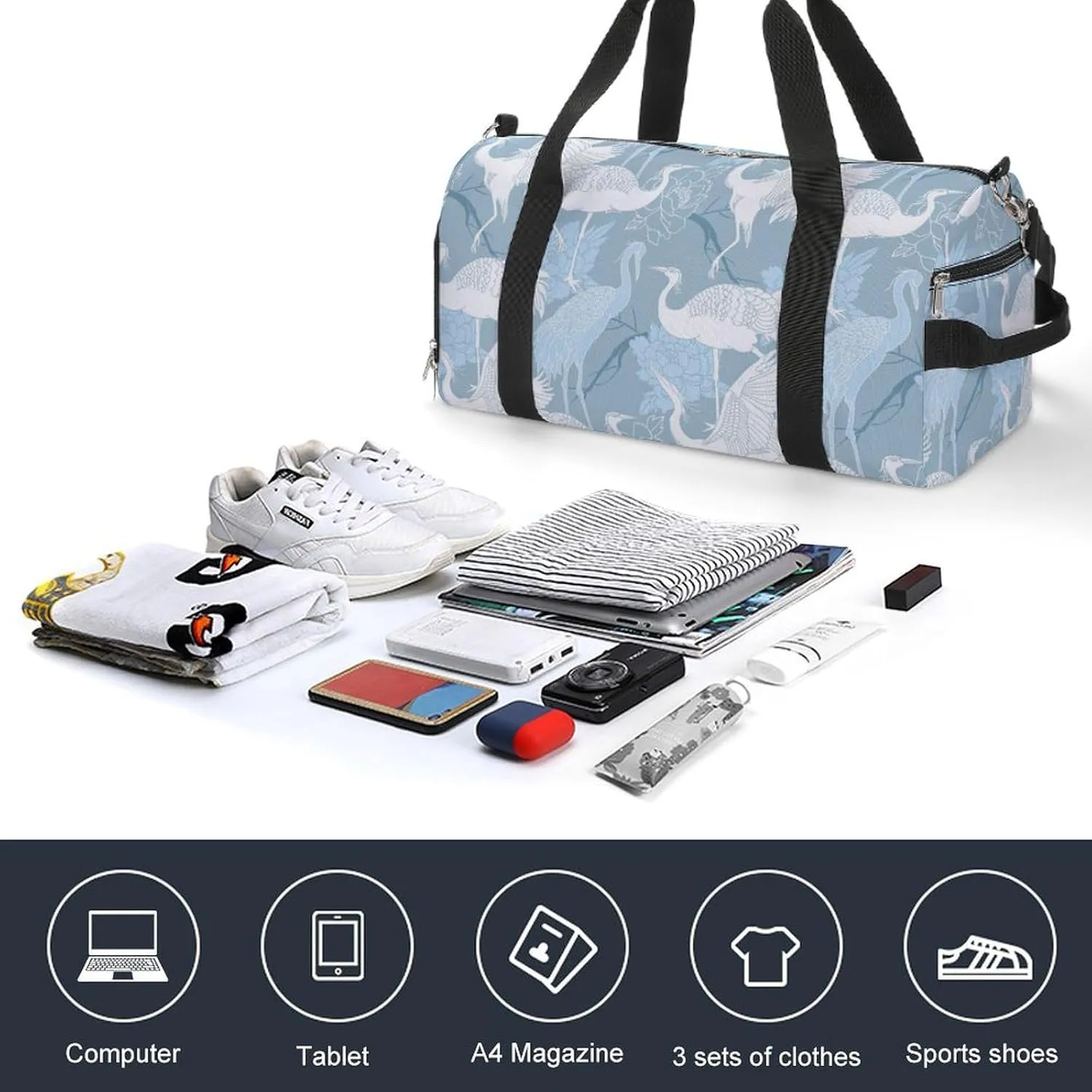 Sport Gym Duffel with Shoe Compartment Wet Pocket, Cranes-birds-print Shoulder Travel Bag for Women Men, style-2