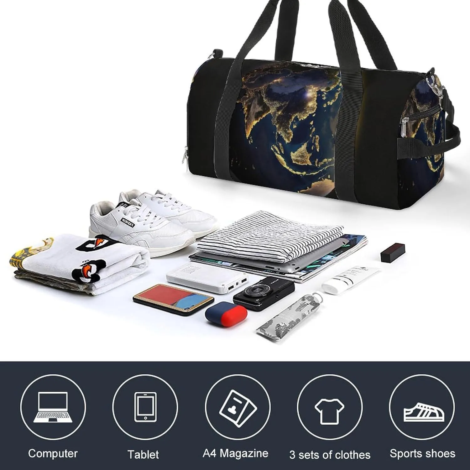 Sport Gym Duffel with Shoe Compartment Wet Pocket, Earth-night Shoulder Travel Bag for Women Men