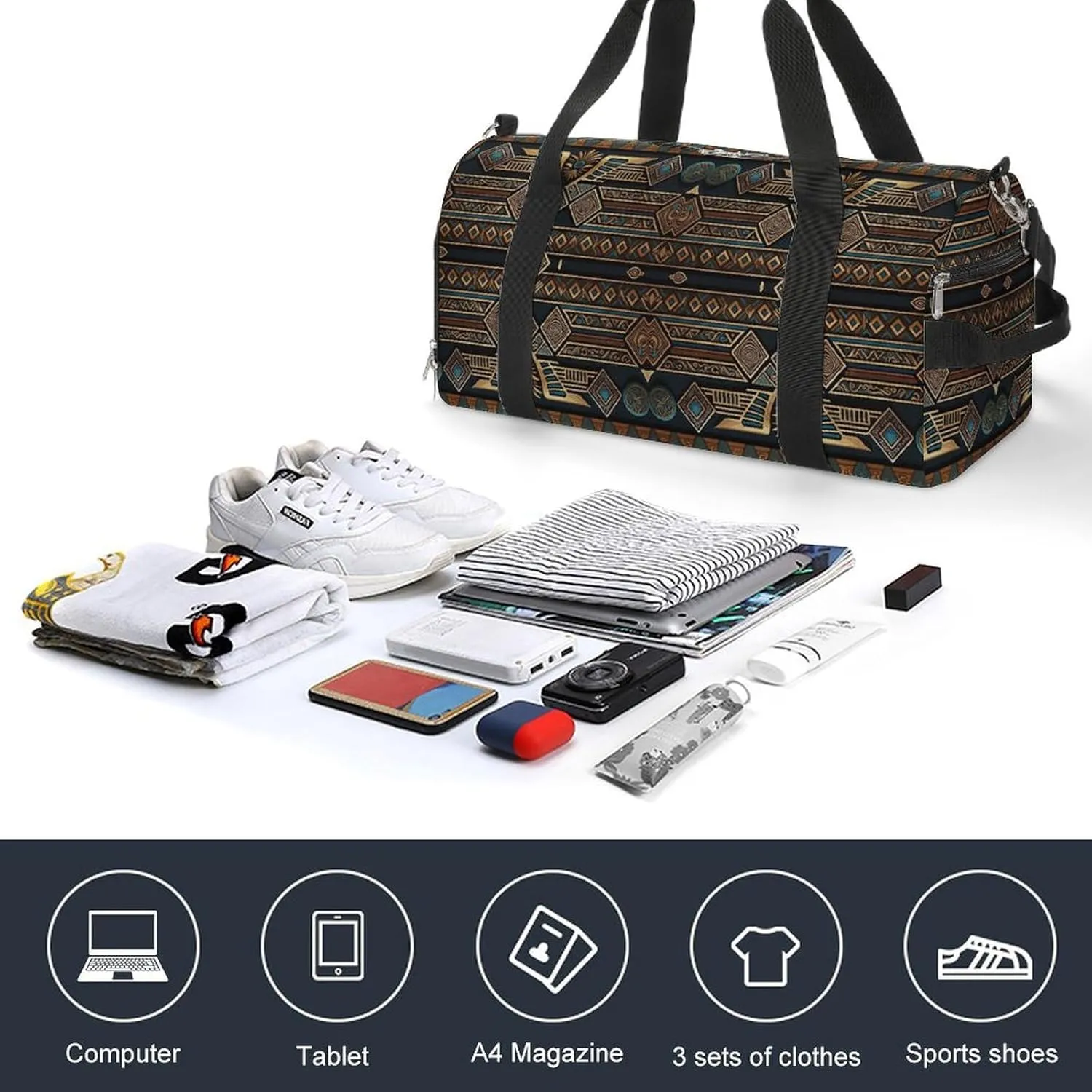 Sport Gym Duffel with Shoe Compartment Wet Pocket, Egyptian-pattern Shoulder Travel Bag for Women Men
