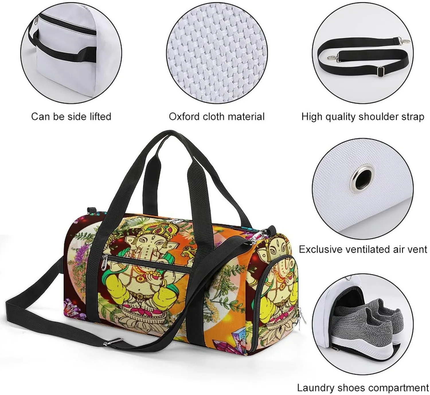 Sport Gym Duffel with Shoe Compartment Wet Pocket, Elephant-print Shoulder Travel Bag for Women Men