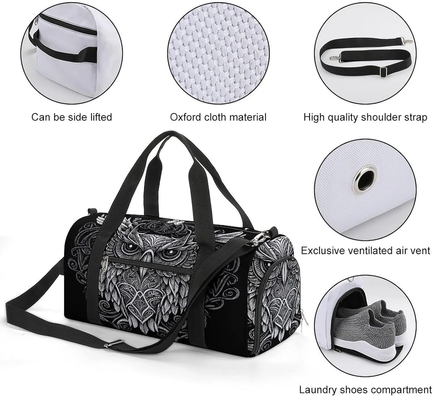 Sport Gym Duffel with Shoe Compartment Wet Pocket, Enigmatic-graceful-owl Shoulder Travel Bag for Women Men