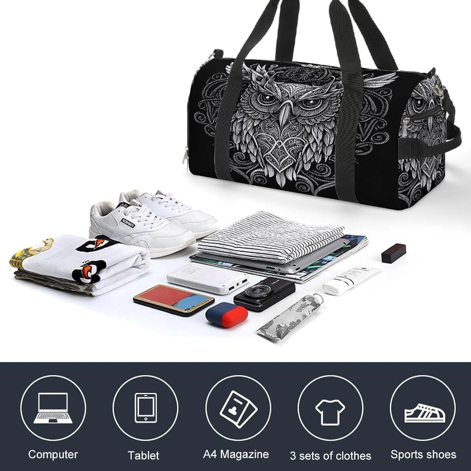 Sport Gym Duffel with Shoe Compartment Wet Pocket, Enigmatic-graceful-owl Shoulder Travel Bag for Women Men