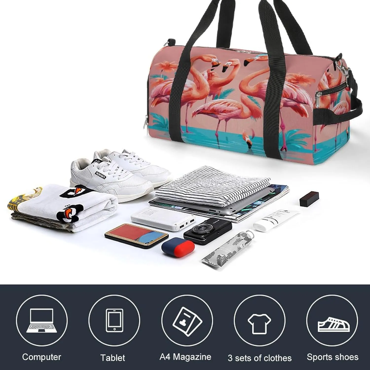 Sport Gym Duffel with Shoe Compartment Wet Pocket, Flamingos-theme Shoulder Travel Bag for Women Men