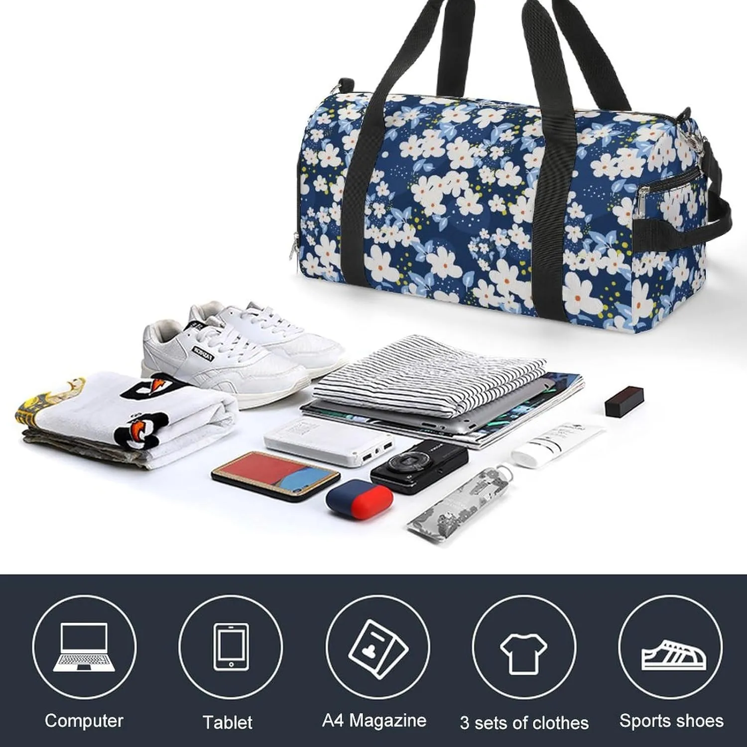 Sport Gym Duffel with Shoe Compartment Wet Pocket, Flowers-dark-blue-print Shoulder Travel Bag for Women Men, style-3
