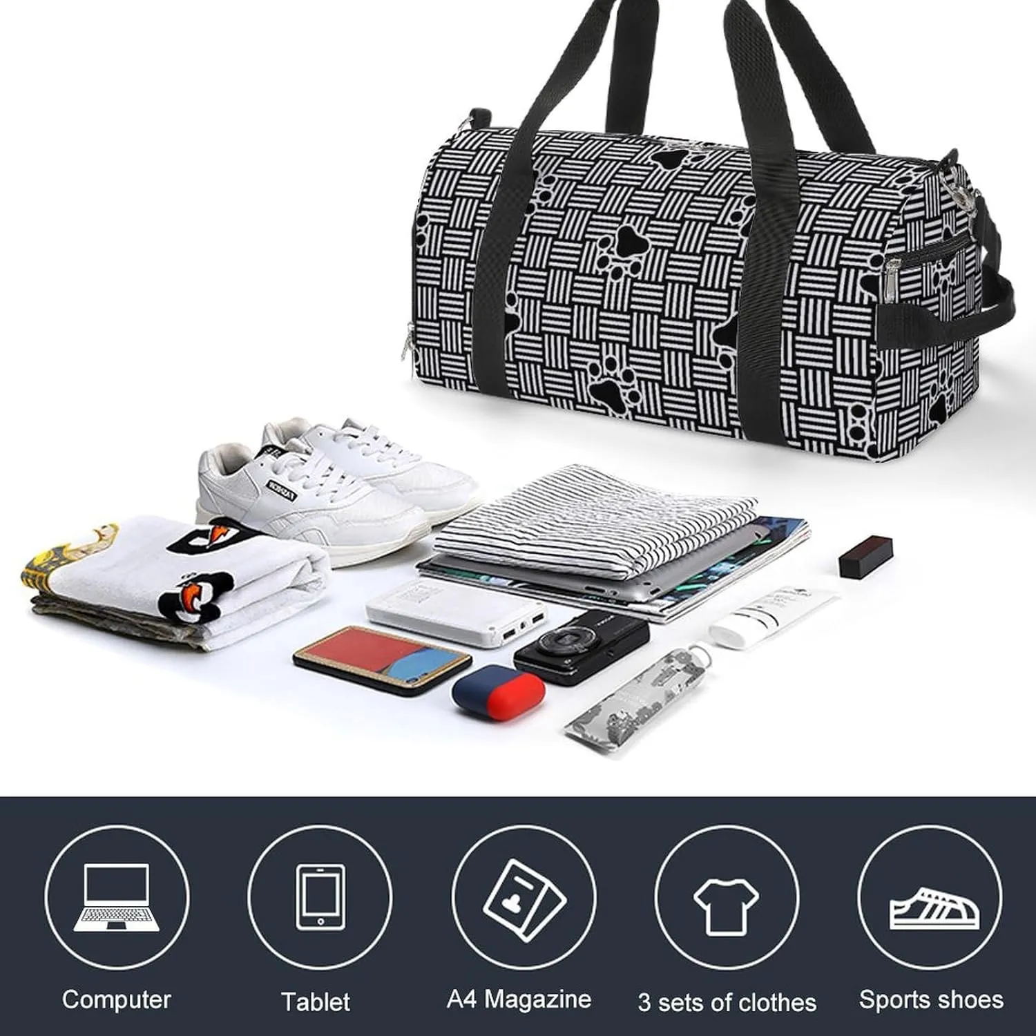 Sport Gym Duffel with Shoe Compartment Wet Pocket, Footprint-checked-weave Shoulder Travel Bag for Women Men, style-1