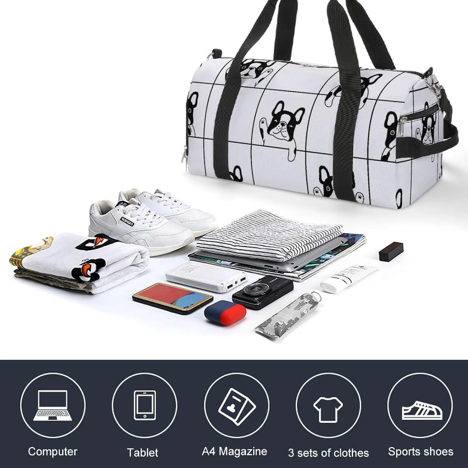 Sport Gym Duffel with Shoe Compartment Wet Pocket, French-bulldog-cartoon Shoulder Travel Bag for Women Men, style-4