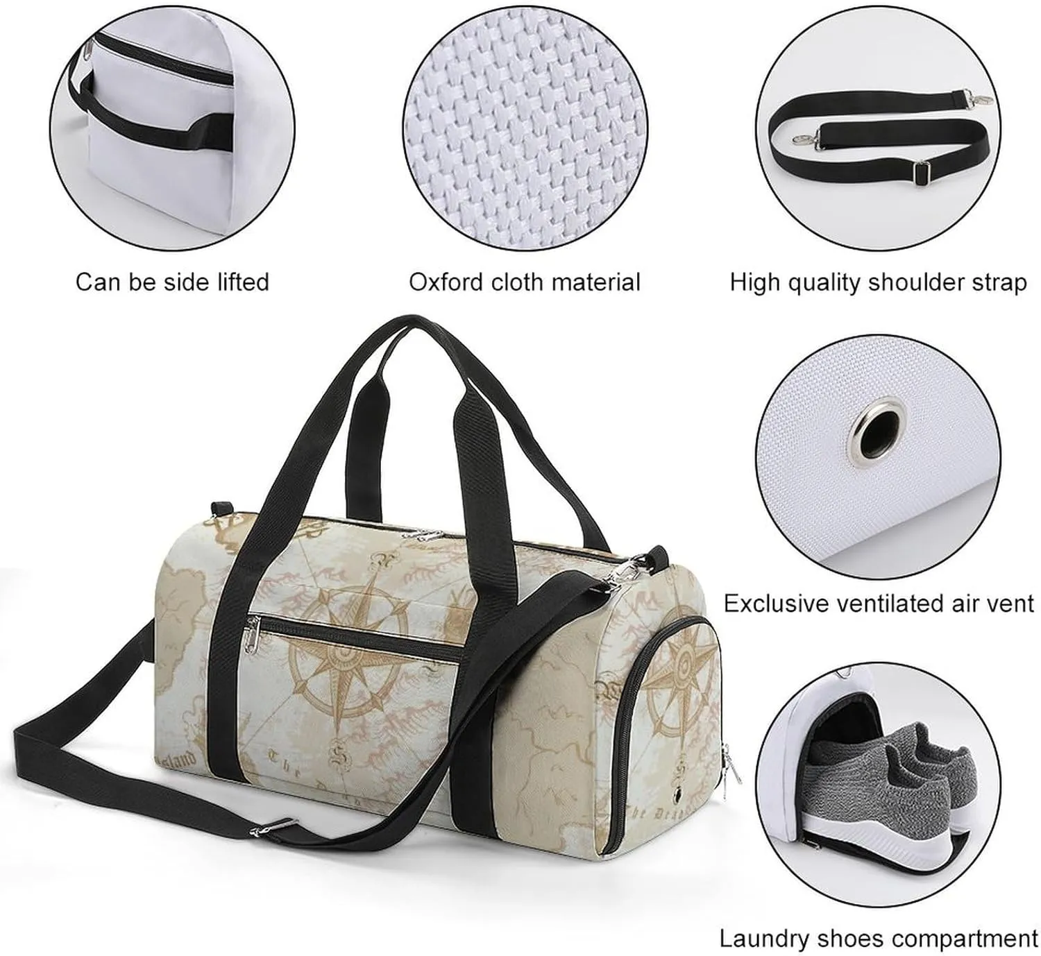 Sport Gym Duffel with Shoe Compartment Wet Pocket, Grey Sea-routes-pattern Shoulder Travel Bag for Women Men, style-4