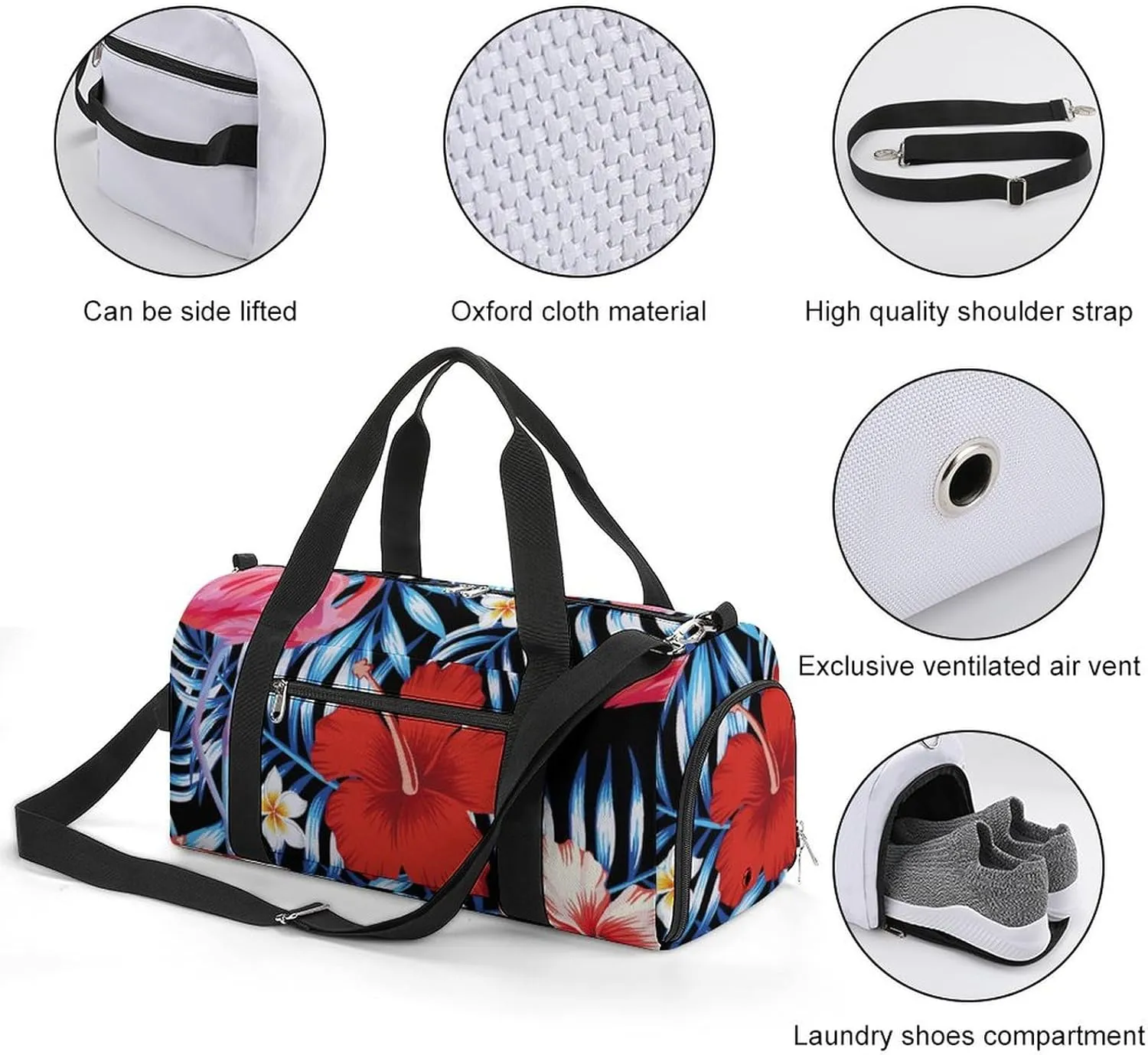Sport Gym Duffel with Shoe Compartment Wet Pocket, Hibiscus-flamingo-plumeria-palms Shoulder Travel Bag for Women Men