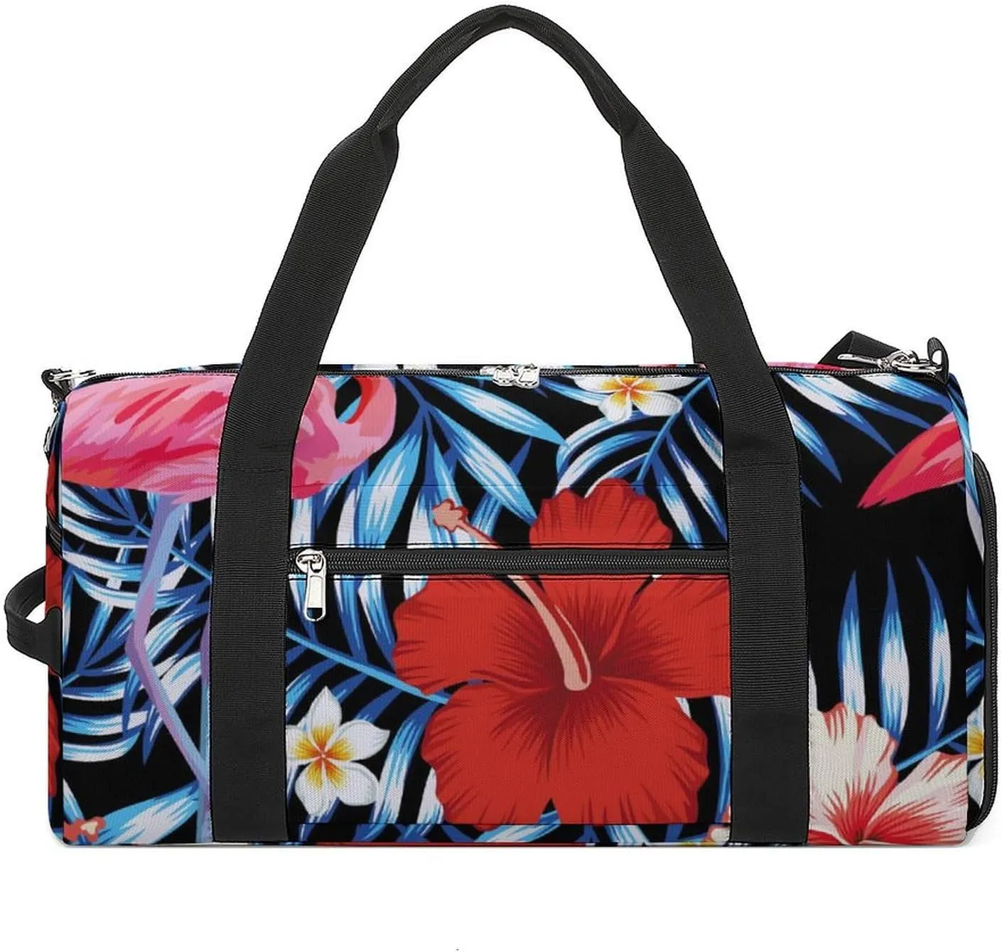 Sport Gym Duffel with Shoe Compartment Wet Pocket, Hibiscus-flamingo-plumeria-palms Shoulder Travel Bag for Women Men