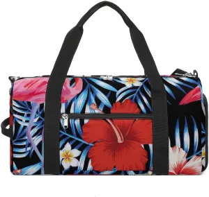 Sport Gym Duffel with Shoe Compartment Wet Pocket, Hibiscus-flamingo-plumeria-palms Shoulder Travel Bag for Women Men
