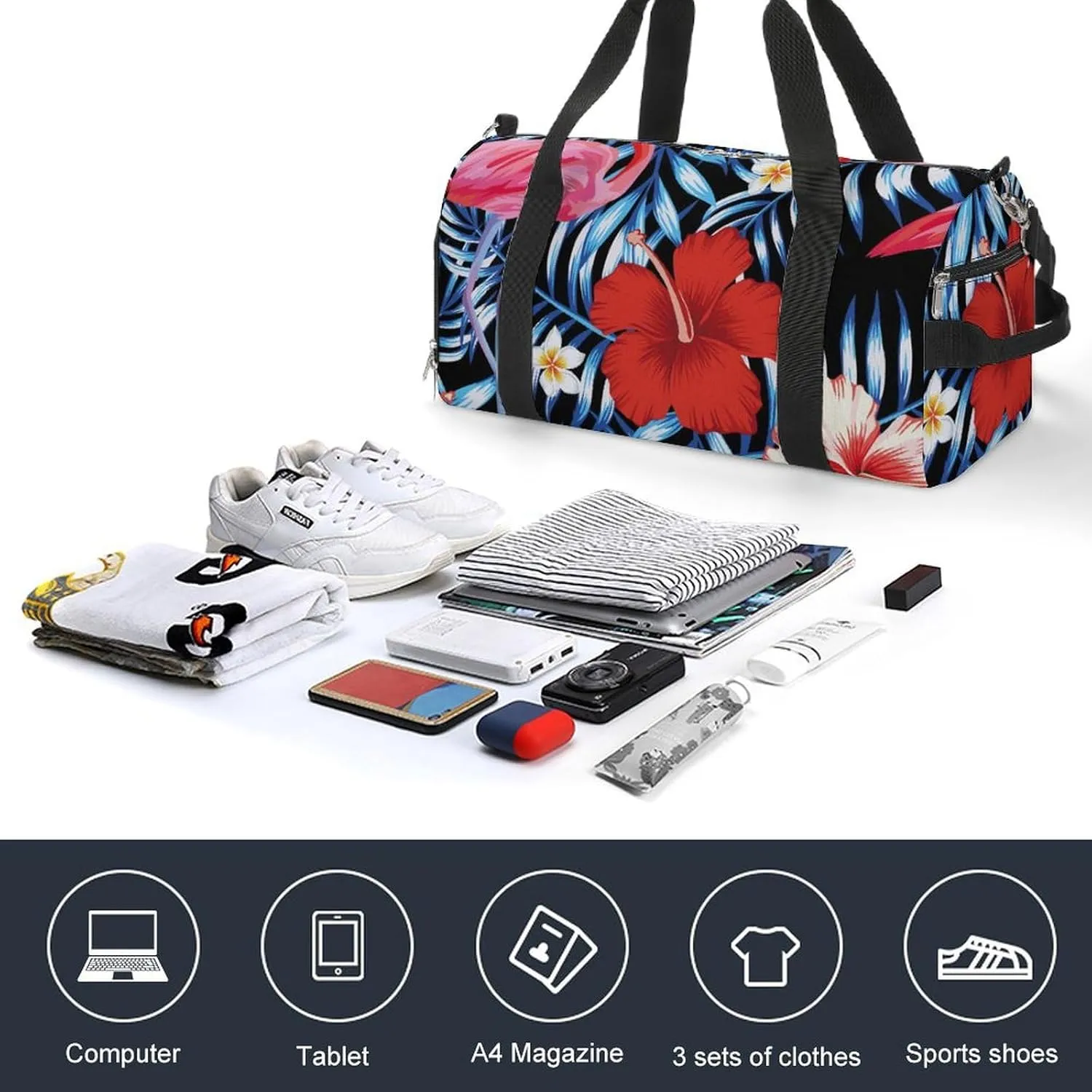 Sport Gym Duffel with Shoe Compartment Wet Pocket, Hibiscus-flamingo-plumeria-palms Shoulder Travel Bag for Women Men