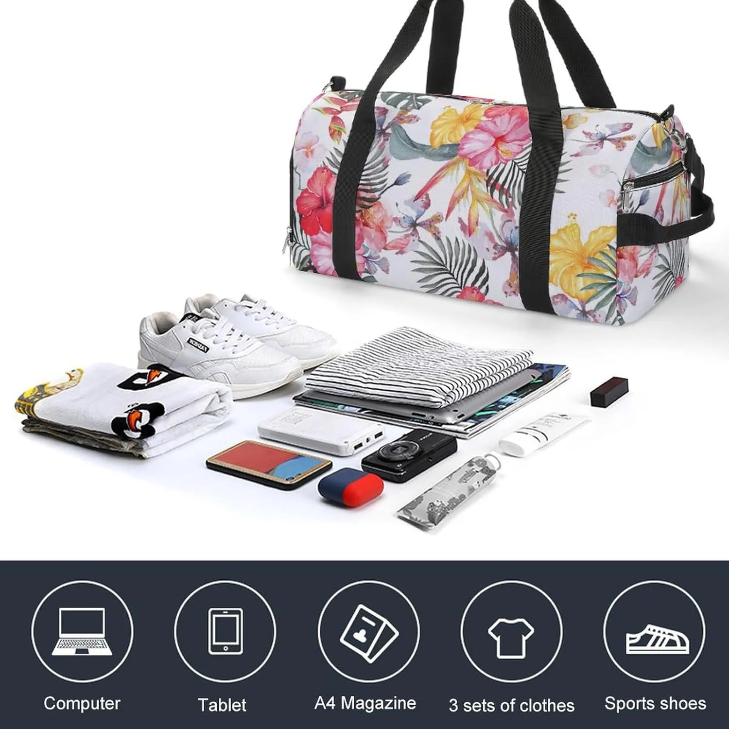 Sport Gym Duffel with Shoe Compartment Wet Pocket, Hibiscus-flower-texture Shoulder Travel Bag for Women Men, style-1