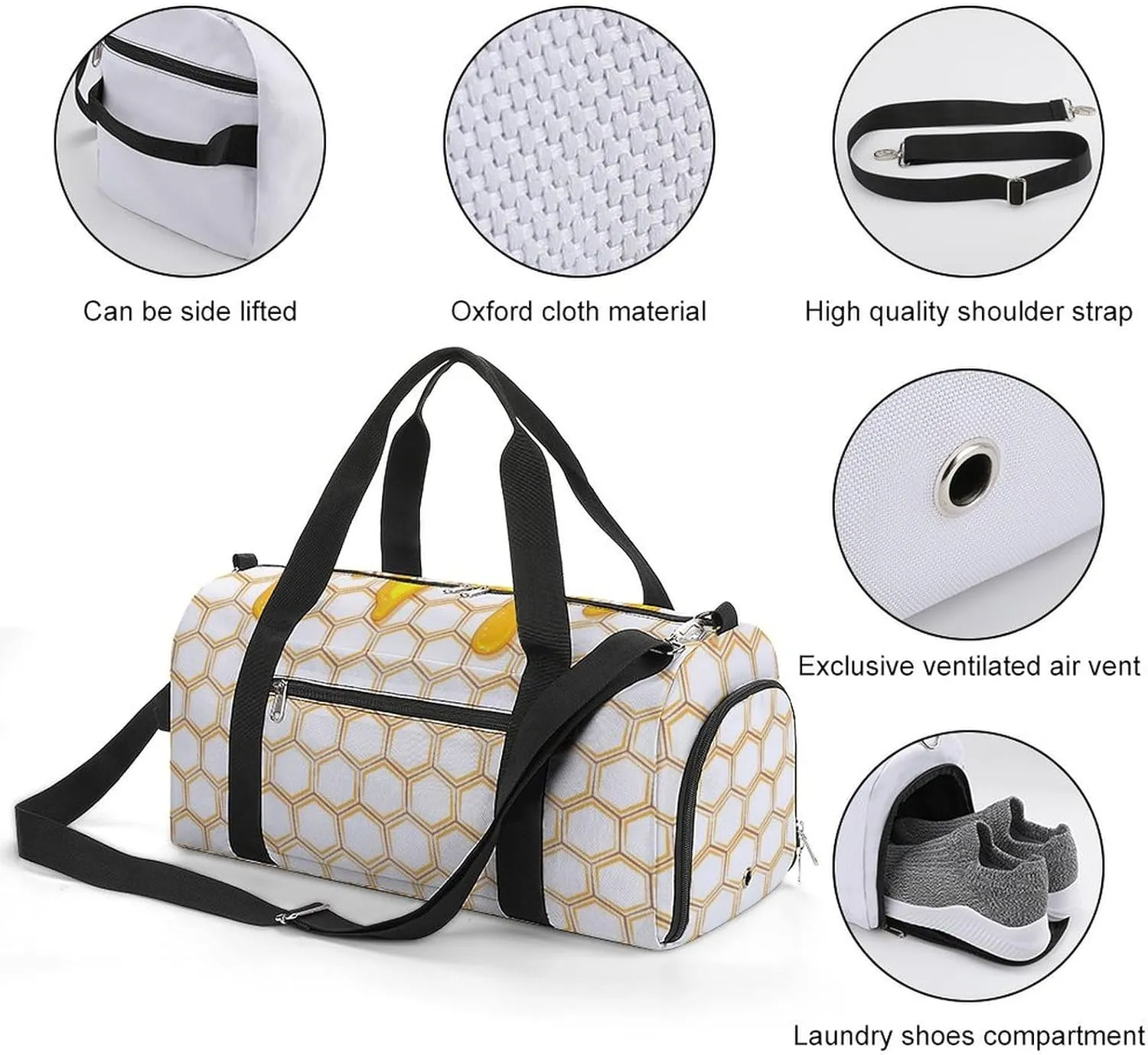 Sport Gym Duffel with Shoe Compartment Wet Pocket, Honey-style Honeycomb Shoulder Travel Bag for Women Men