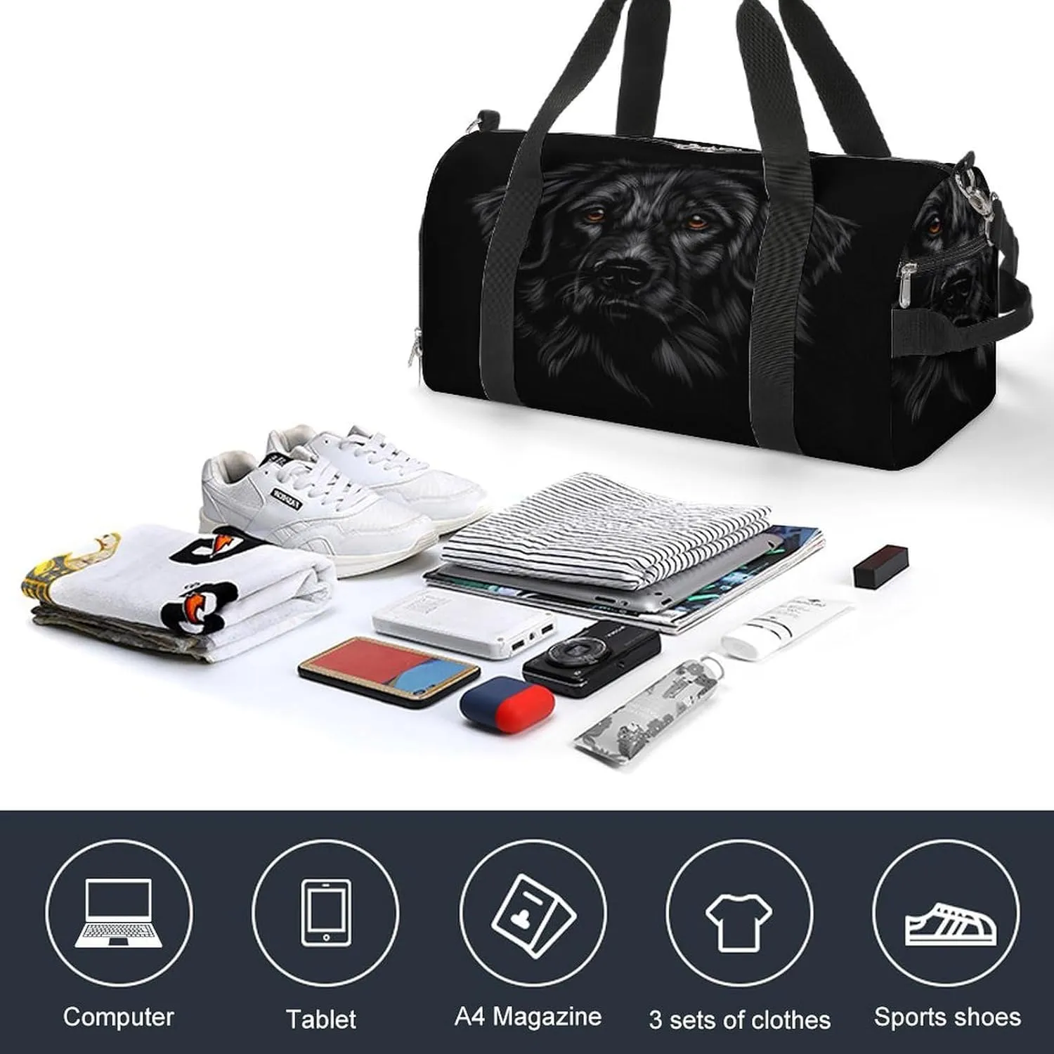 Sport Gym Duffel with Shoe Compartment Wet Pocket, Labrador-retriever-black-background Shoulder Travel Bag for Women Men, style