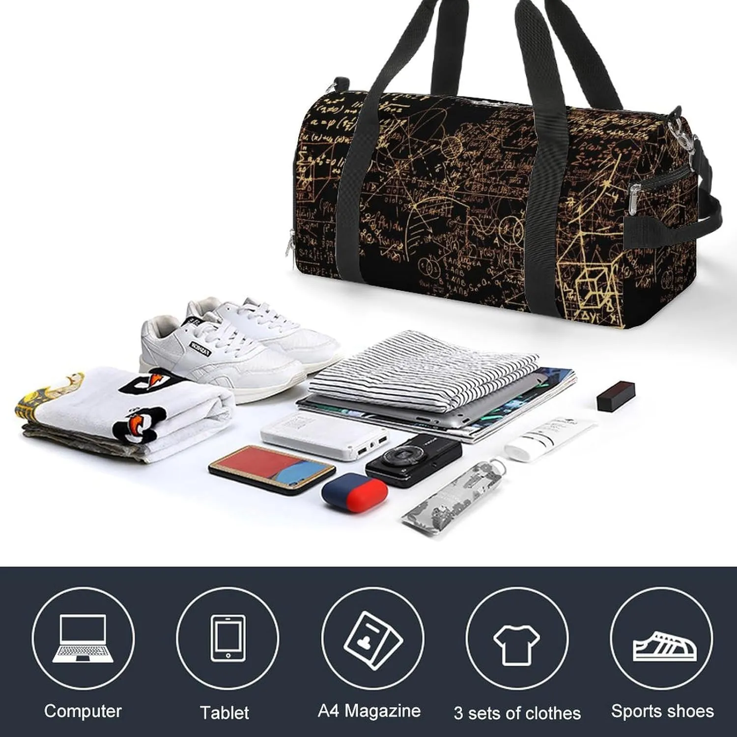 Sport Gym Duffel with Shoe Compartment Wet Pocket, Mathematical-formulas Pattern Shoulder Travel Bag for Women Men, style-2