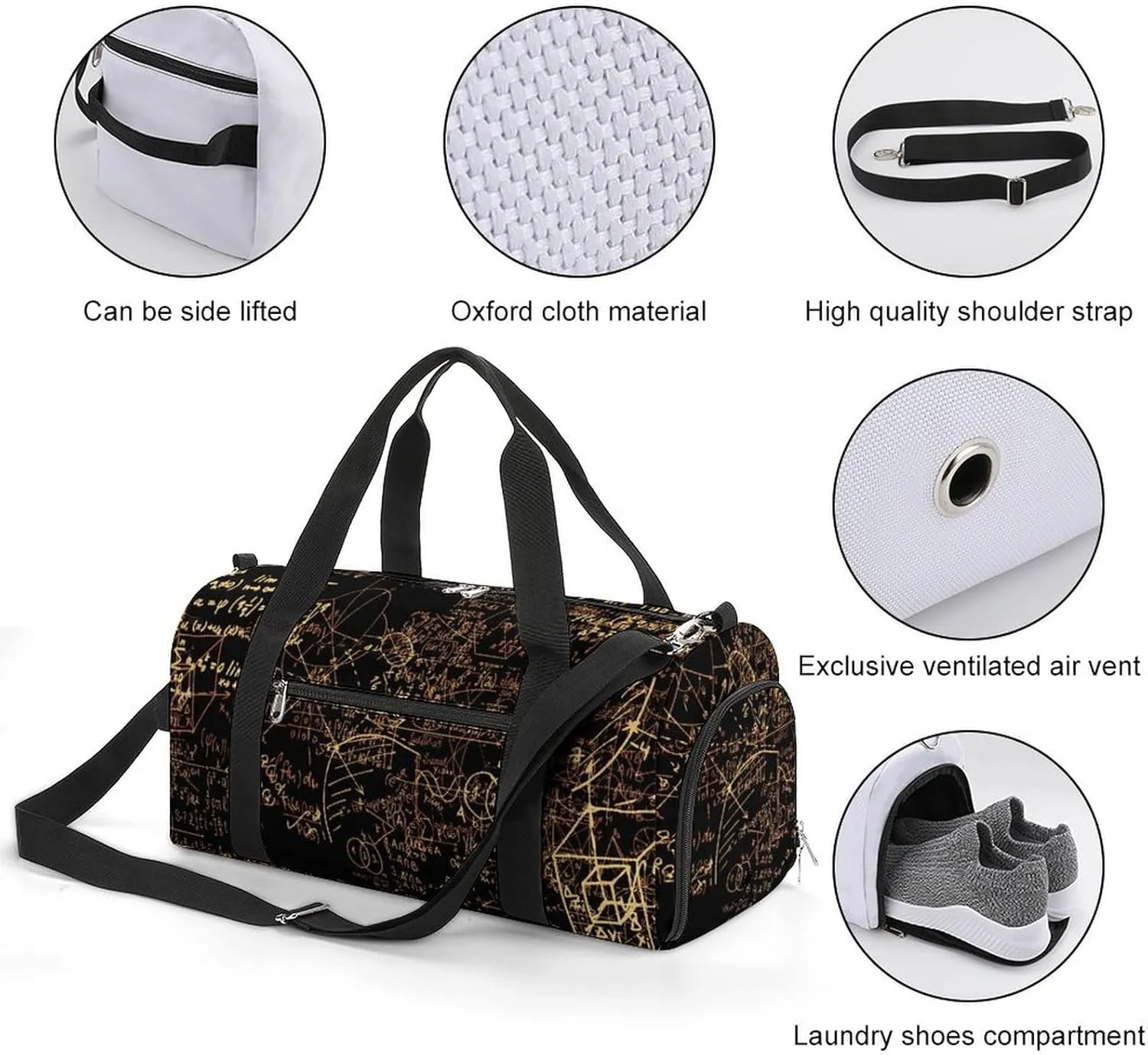 Sport Gym Duffel with Shoe Compartment Wet Pocket, Mathematical-formulas Pattern Shoulder Travel Bag for Women Men, style-2