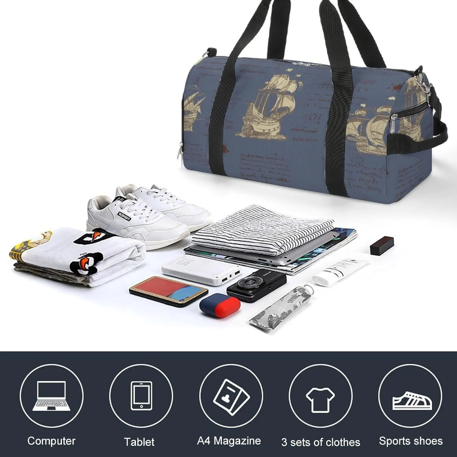 Sport Gym Duffel with Shoe Compartment Wet Pocket, Medieval-nautical-record Shoulder Travel Bag for Women Men