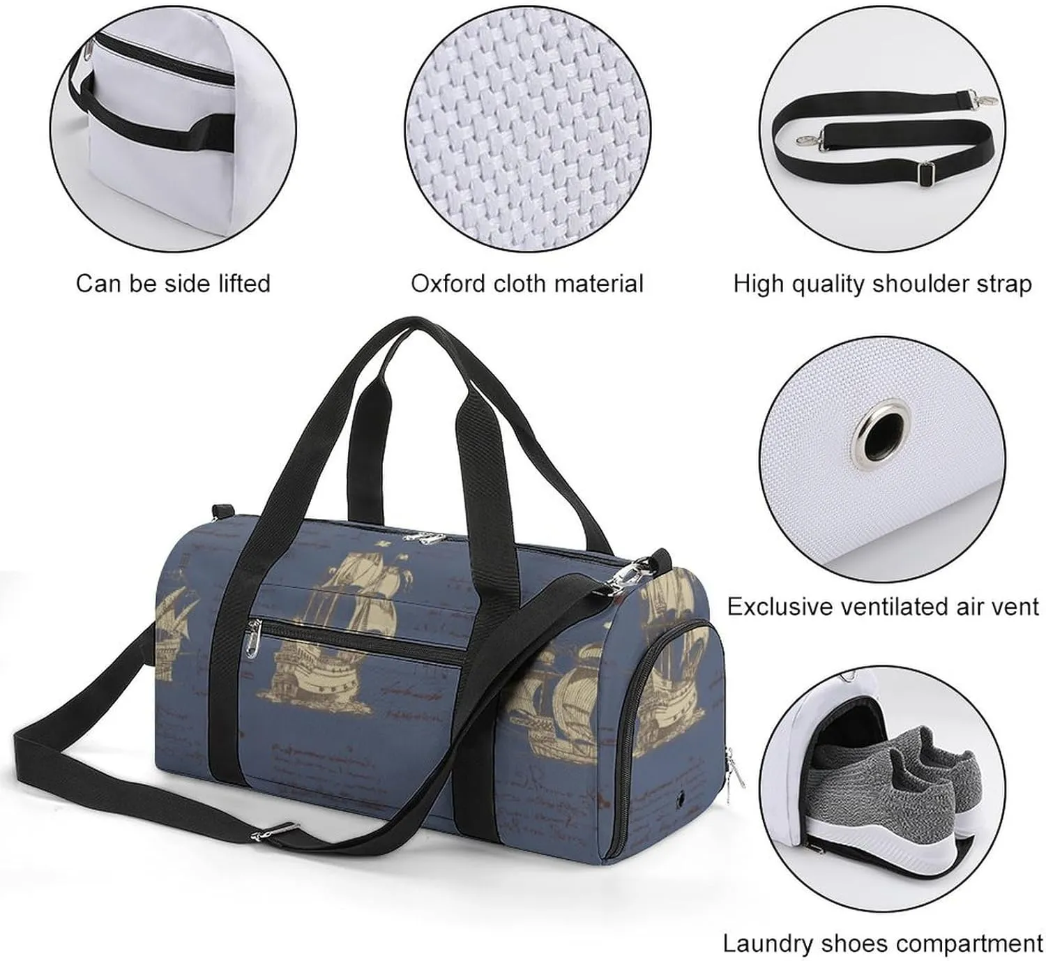 Sport Gym Duffel with Shoe Compartment Wet Pocket, Medieval-nautical-record Shoulder Travel Bag for Women Men