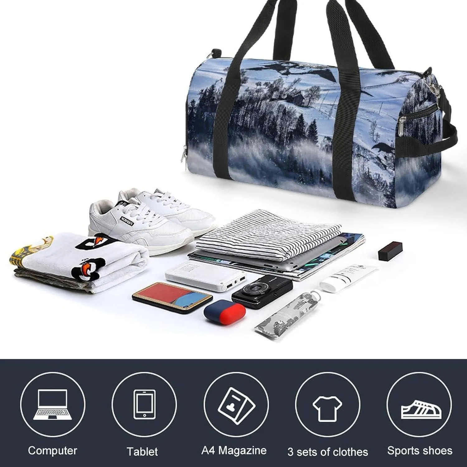Sport Gym Duffel with Shoe Compartment Wet Pocket, Mountain-with-snow-fog Shoulder Travel Bag for Women Men, style-4