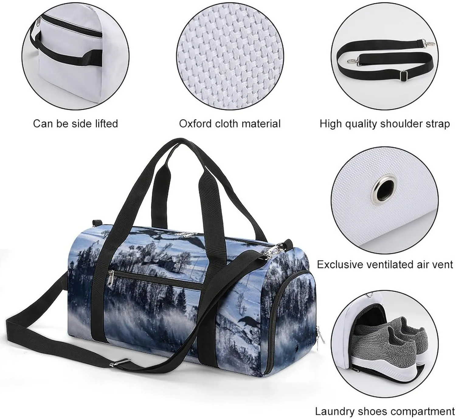 Sport Gym Duffel with Shoe Compartment Wet Pocket, Mountain-with-snow-fog Shoulder Travel Bag for Women Men, style-4
