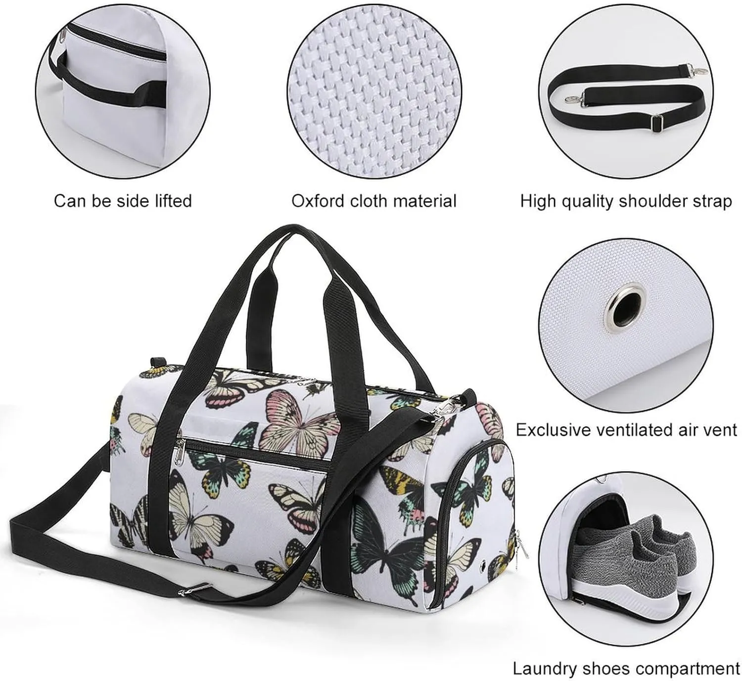 Sport Gym Duffel with Shoe Compartment Wet Pocket, Multicolored-butterflies-print Shoulder Travel Bag for Women Men