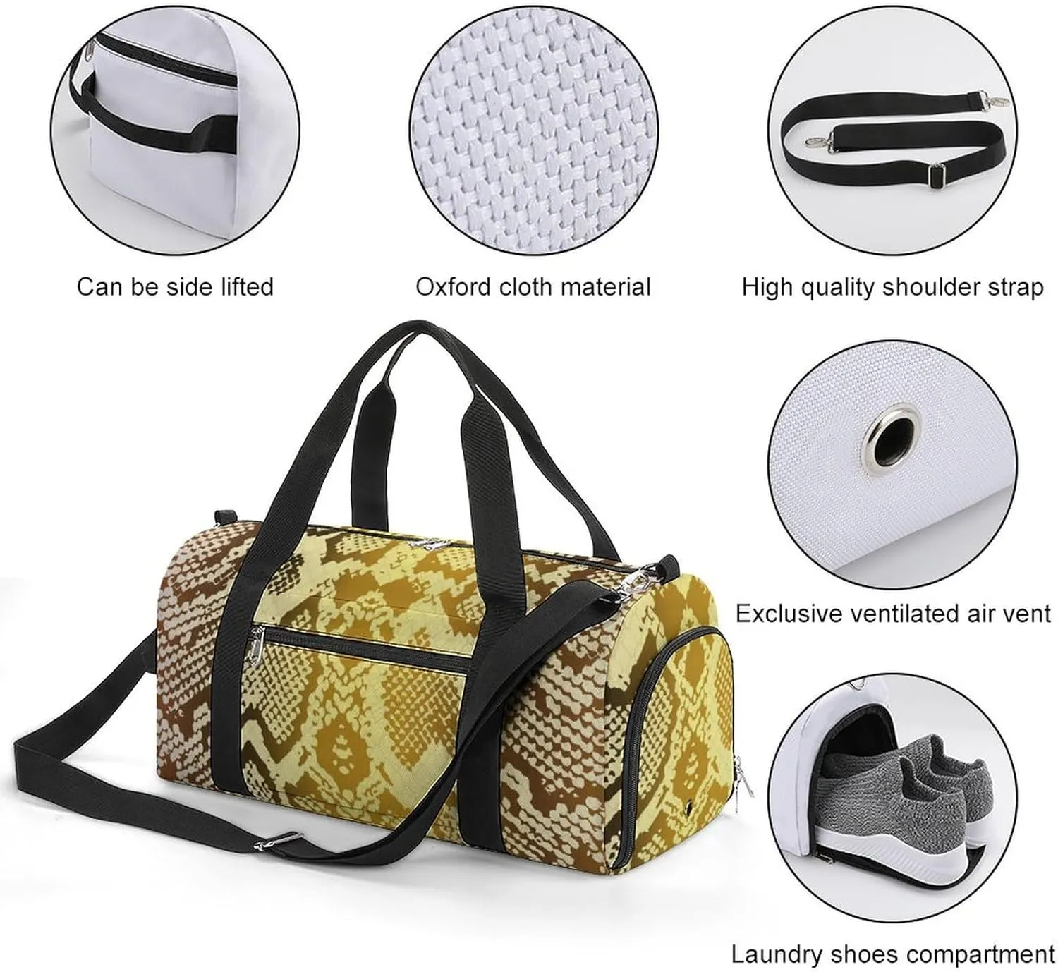 Sport Gym Duffel with Shoe Compartment Wet Pocket, Pattern-snake Shoulder Travel Bag for Women Men, style