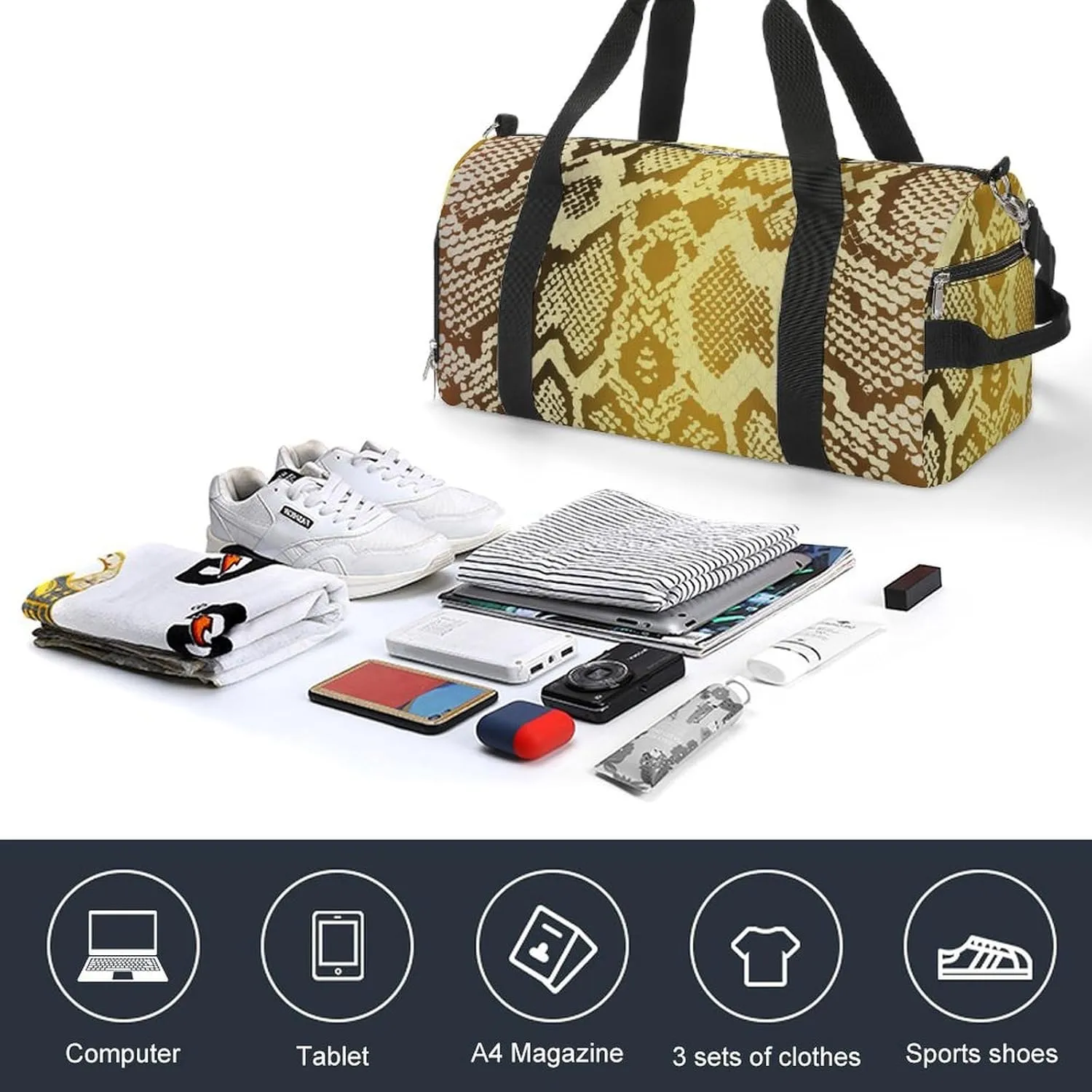 Sport Gym Duffel with Shoe Compartment Wet Pocket, Pattern-snake Shoulder Travel Bag for Women Men, style
