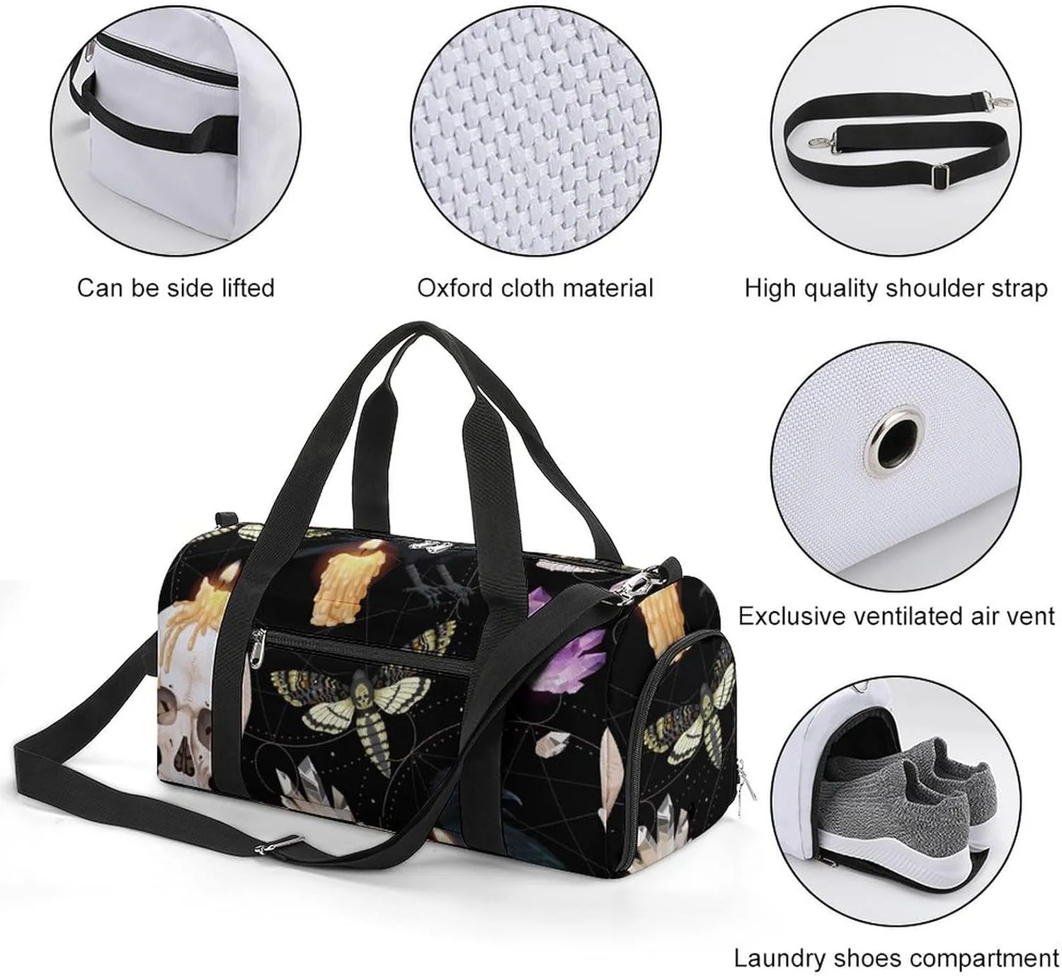 Sport Gym Duffel with Shoe Compartment Wet Pocket, Raven-human-skull-print Shoulder Travel Bag for Women Men, style-1