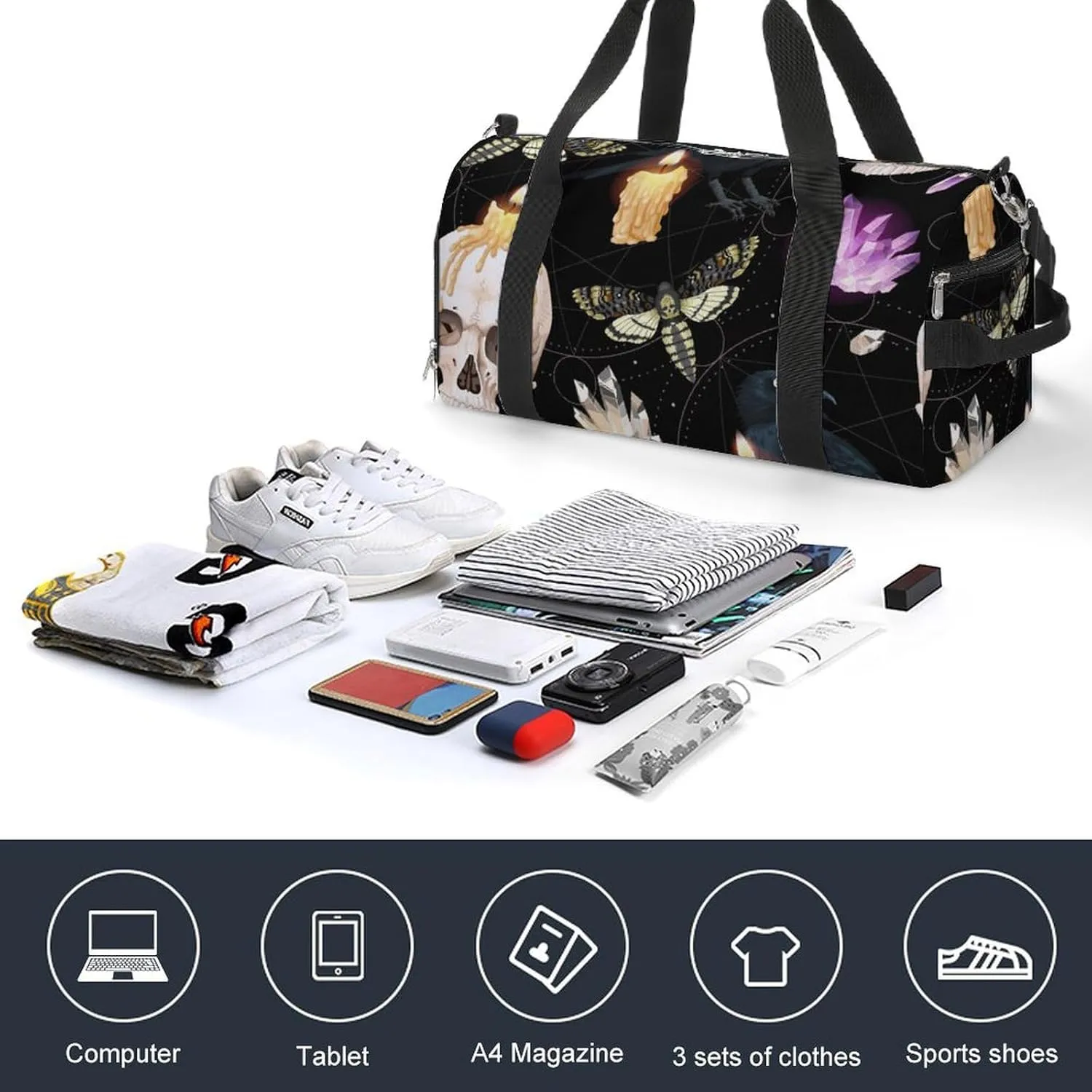 Sport Gym Duffel with Shoe Compartment Wet Pocket, Raven-human-skull-print Shoulder Travel Bag for Women Men, style-1