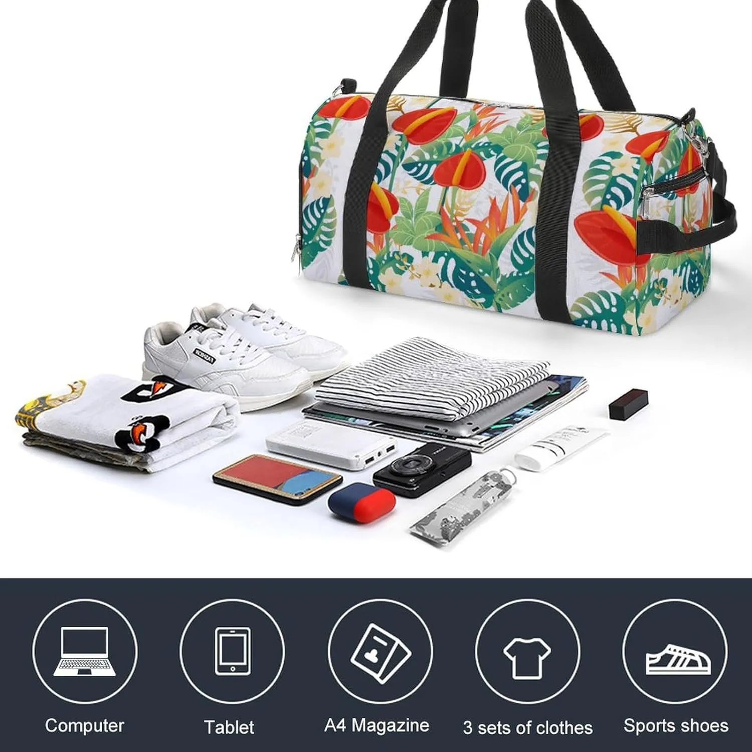 Sport Gym Duffel with Shoe Compartment Wet Pocket, Red-anthurium-floral-print Shoulder Travel Bag for Women Men