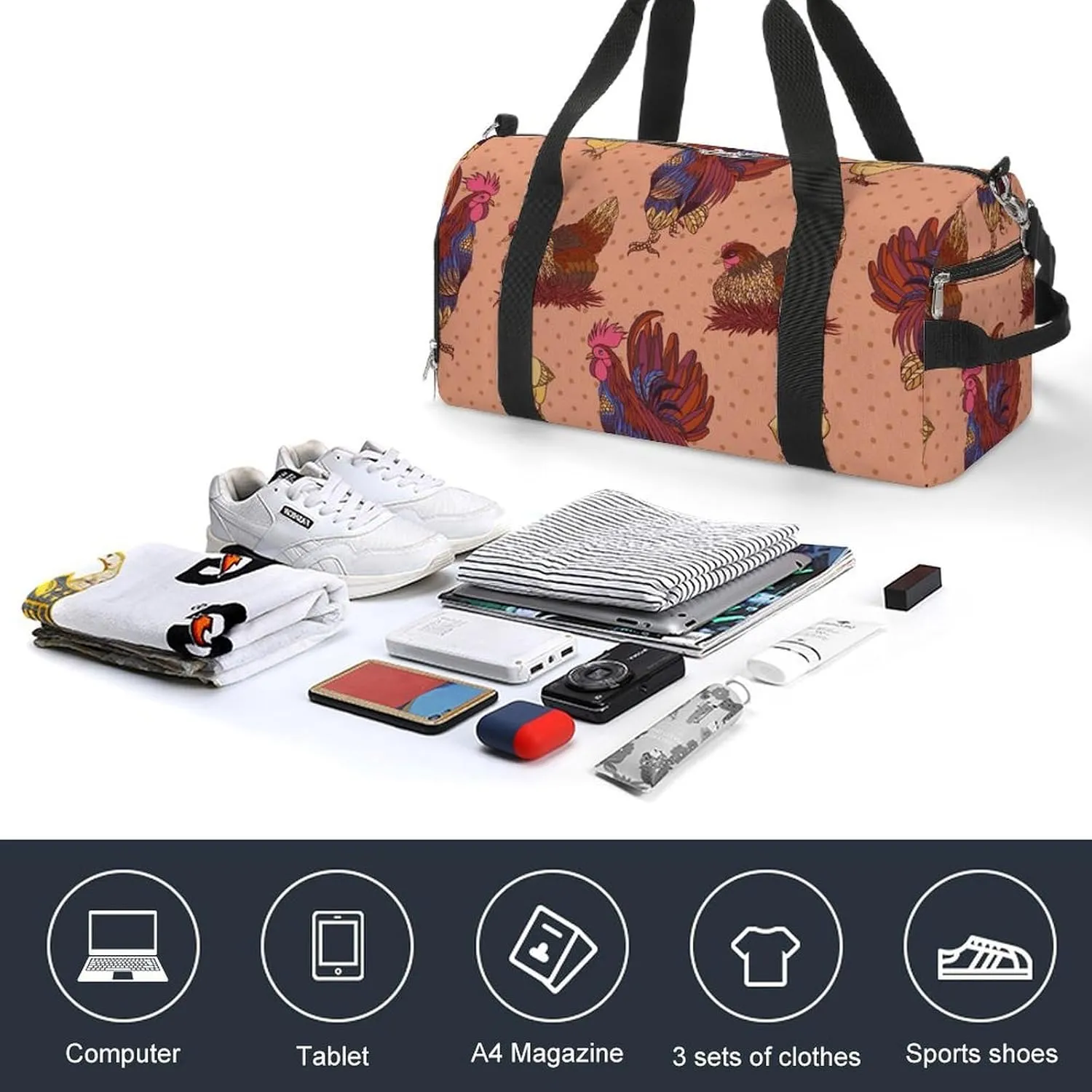 Sport Gym Duffel with Shoe Compartment Wet Pocket, Rooster-hens-chickens-pattern Shoulder Travel Bag for Women Men, style-2