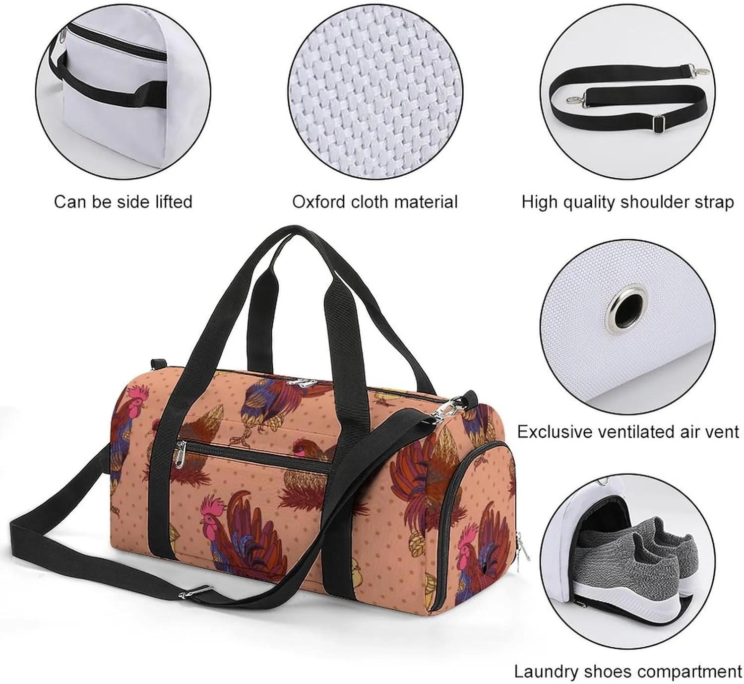 Sport Gym Duffel with Shoe Compartment Wet Pocket, Rooster-hens-chickens-pattern Shoulder Travel Bag for Women Men, style-2