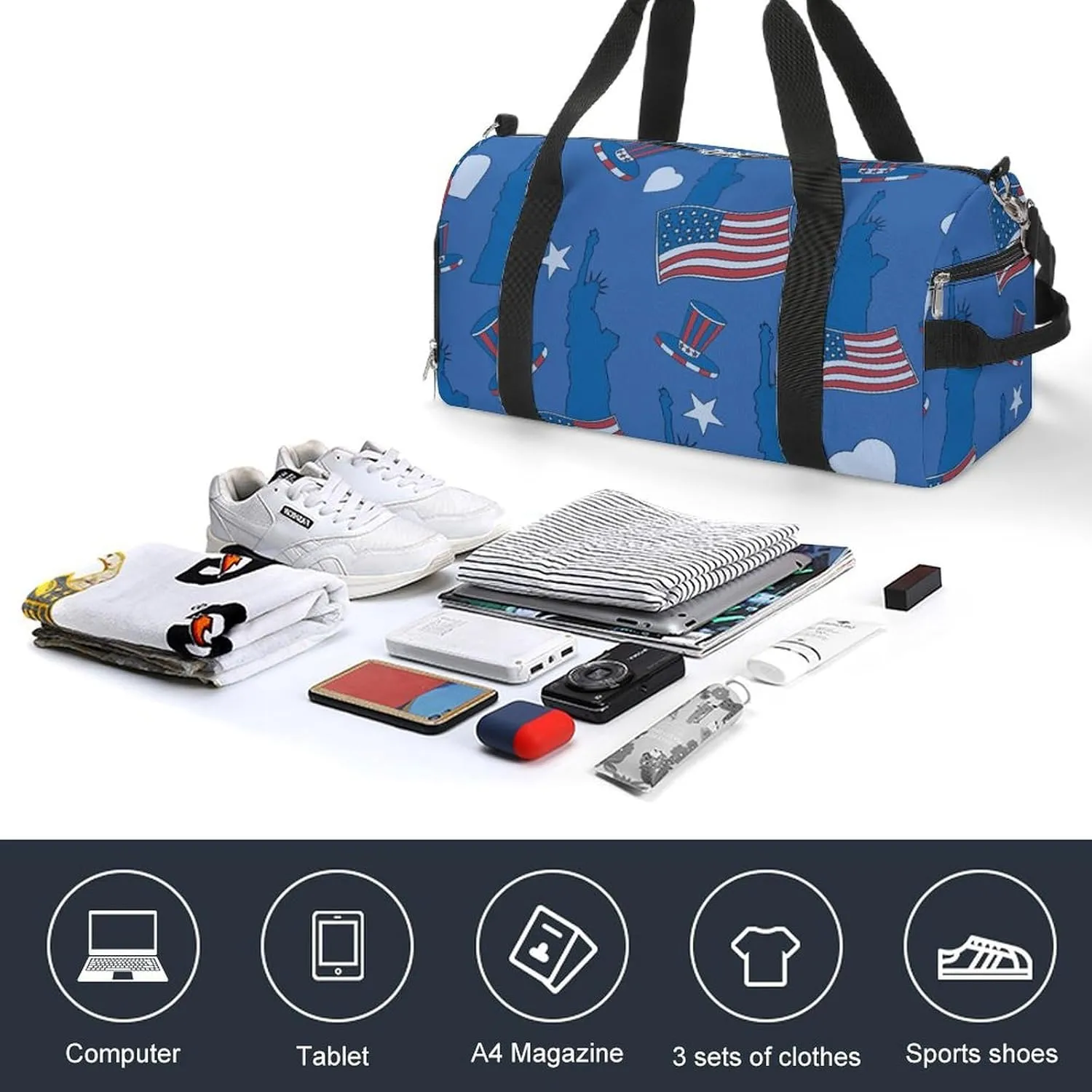 Sport Gym Duffel with Shoe Compartment Wet Pocket, Statue-liberty-american-flag-stars Shoulder Travel Bag for Women Men, style