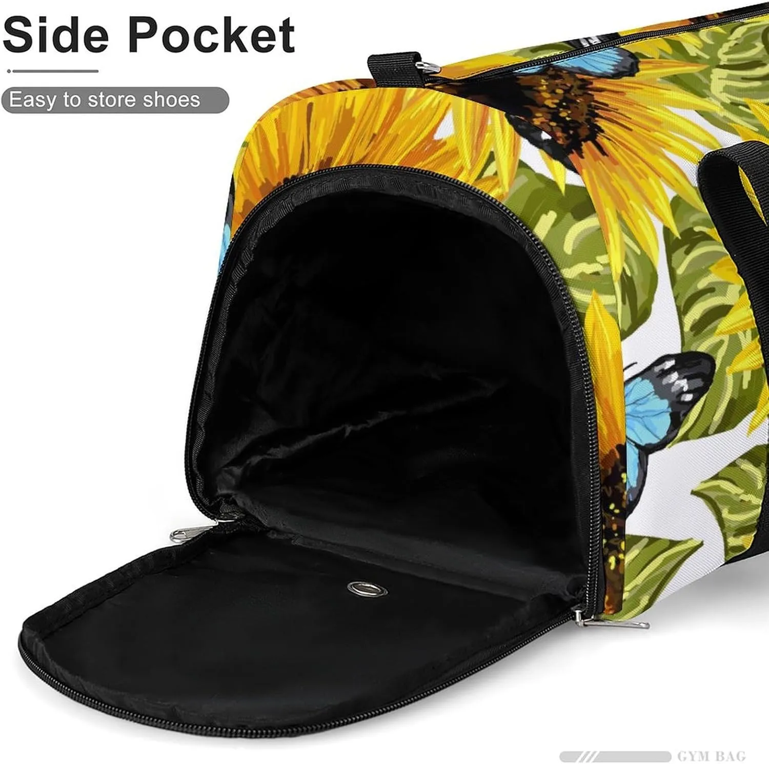 Sport Gym Duffel with Shoe Compartment Wet Pocket, Sunflowers-blue-butterflies-white Shoulder Travel Bag for Women Men