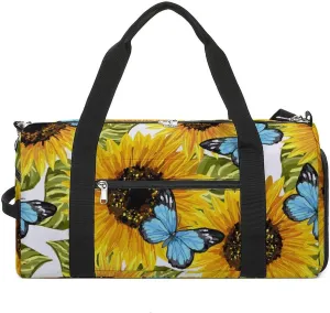 Sport Gym Duffel with Shoe Compartment Wet Pocket, Sunflowers-blue-butterflies-white Shoulder Travel Bag for Women Men