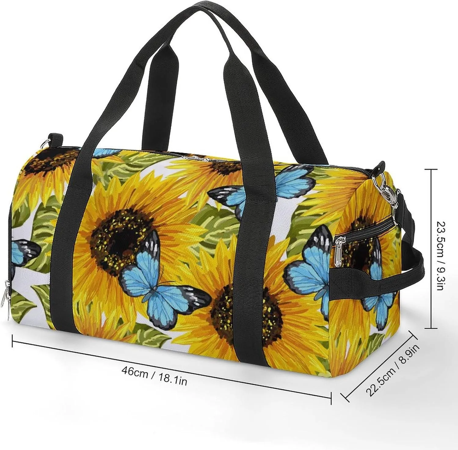 Sport Gym Duffel with Shoe Compartment Wet Pocket, Sunflowers-blue-butterflies-white Shoulder Travel Bag for Women Men