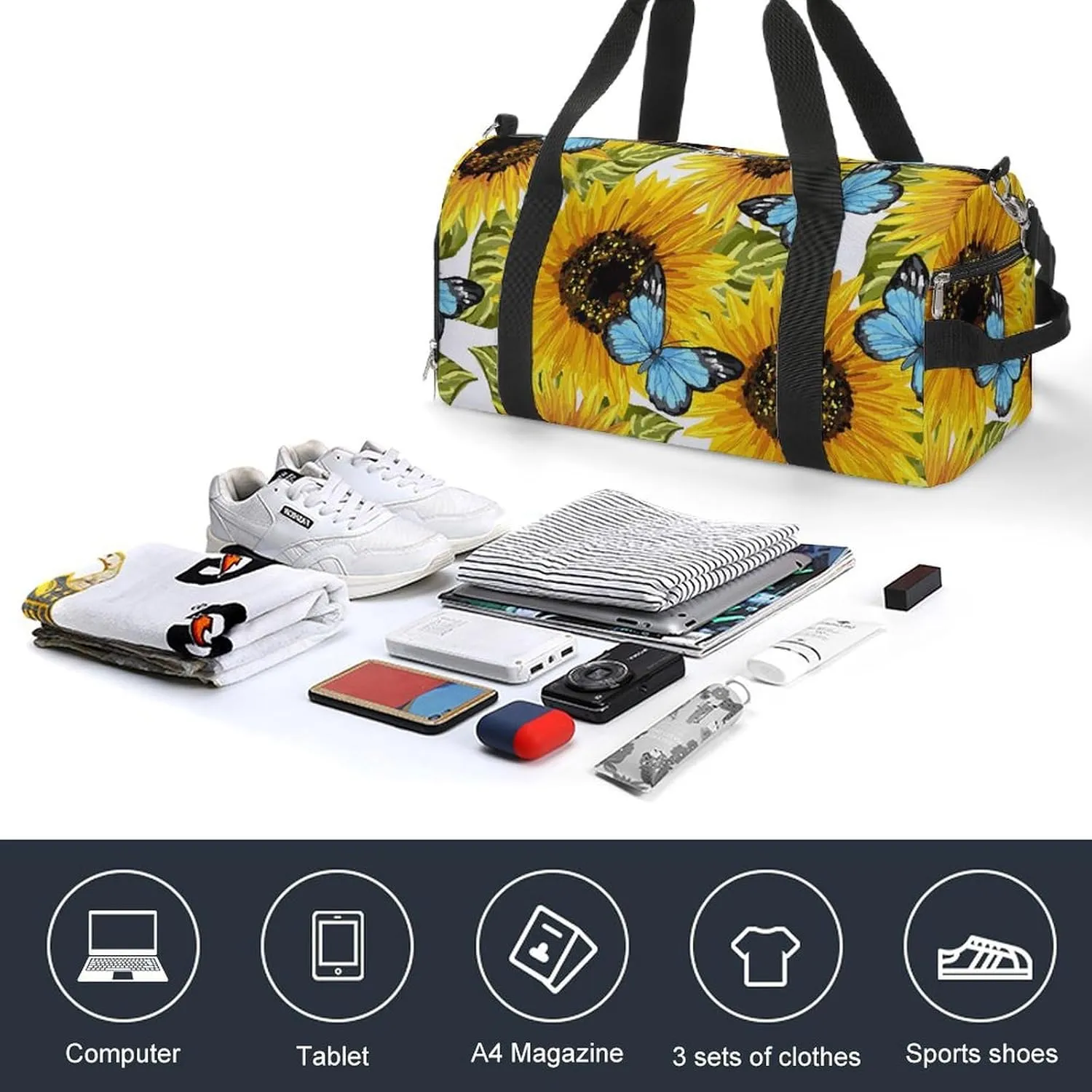 Sport Gym Duffel with Shoe Compartment Wet Pocket, Sunflowers-blue-butterflies-white Shoulder Travel Bag for Women Men