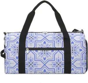 Sport Gym Duffel with Shoe Compartment Wet Pocket, Tile Blue Print Shoulder Travel Bag for Women Men