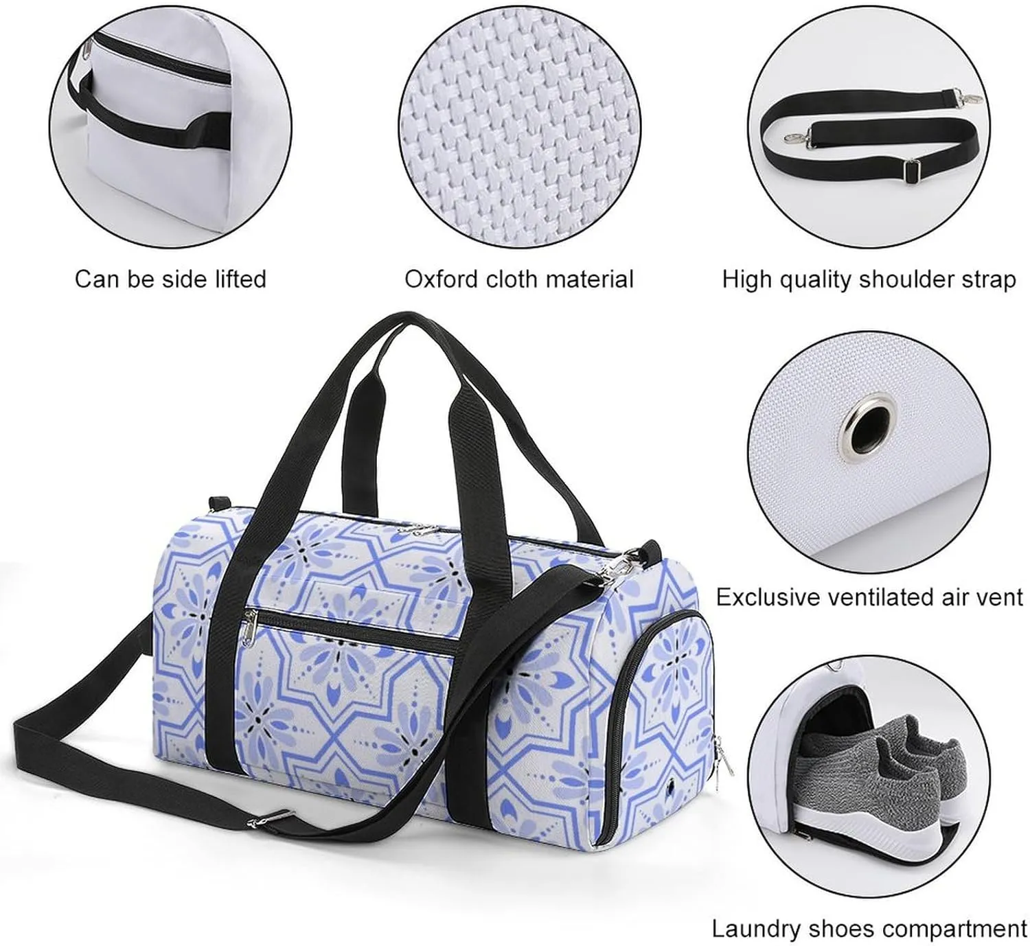 Sport Gym Duffel with Shoe Compartment Wet Pocket, Tile Blue Print Shoulder Travel Bag for Women Men
