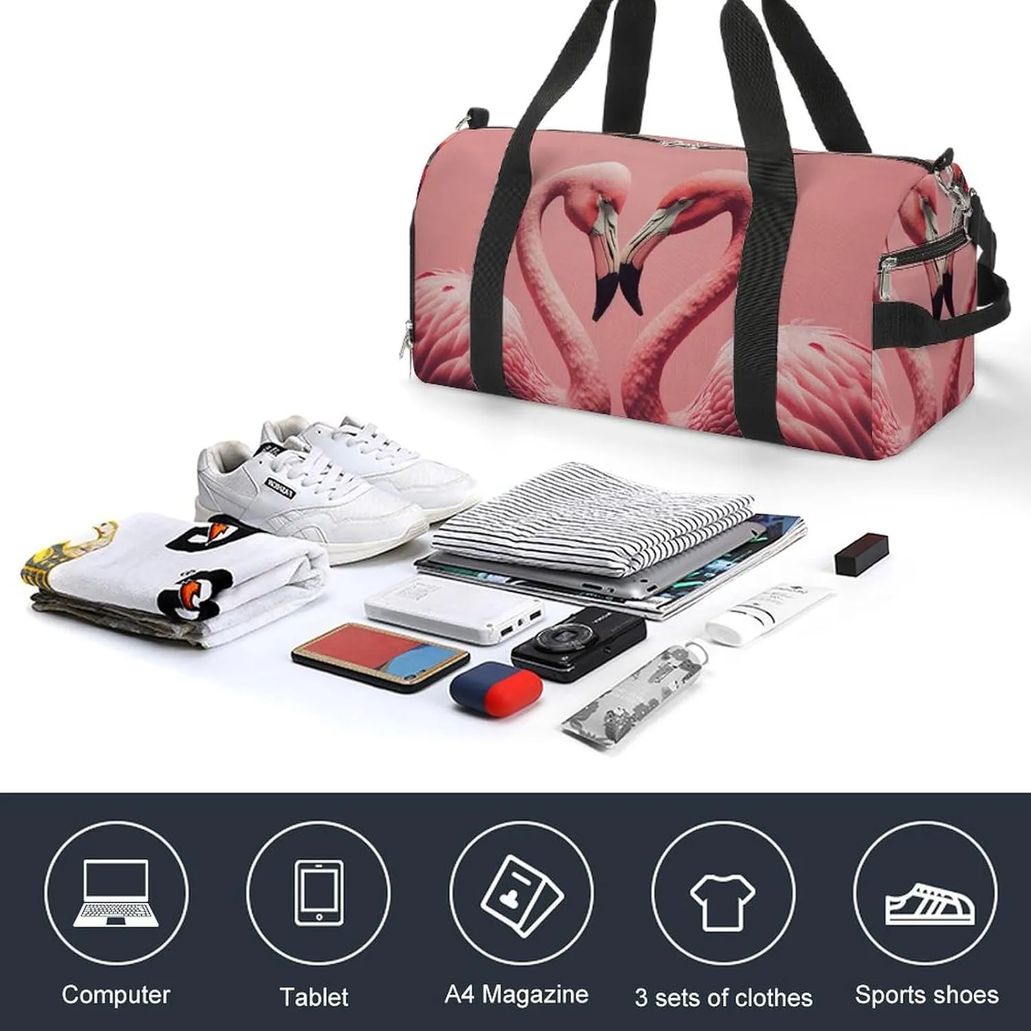 Sport Gym Duffel with Shoe Compartment Wet Pocket, Two-lovers-flamingos Shoulder Travel Bag for Women Men